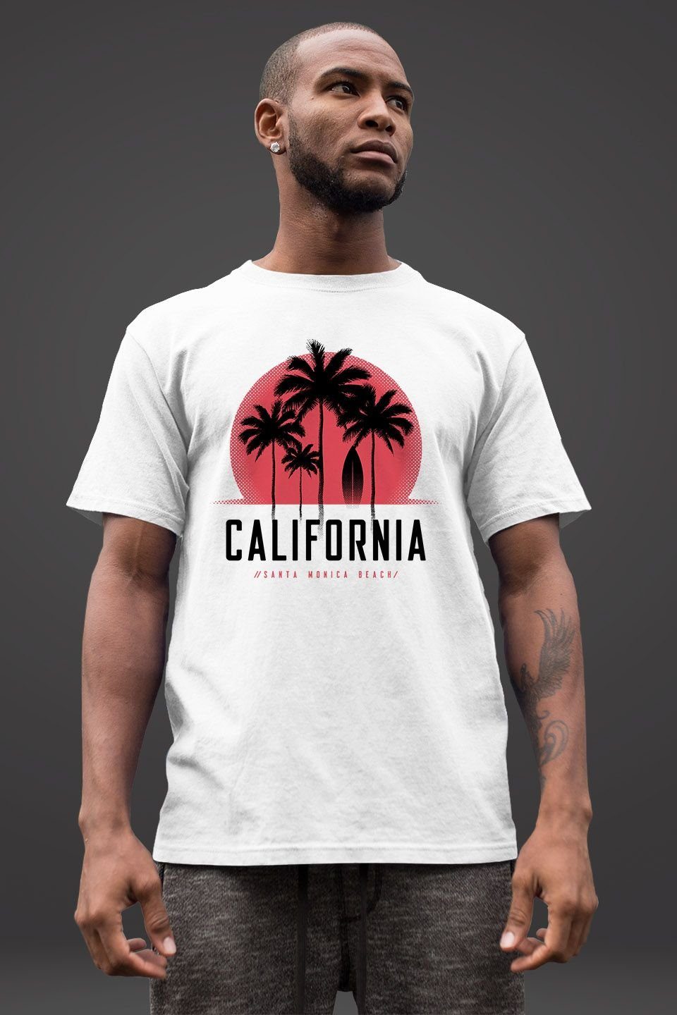 Neverless® weiß Print mit Print-Shirt Fashion Sonne California Monica T-Shirt Santa Sommer Neverless Streetstyle Palmen Beach Herren