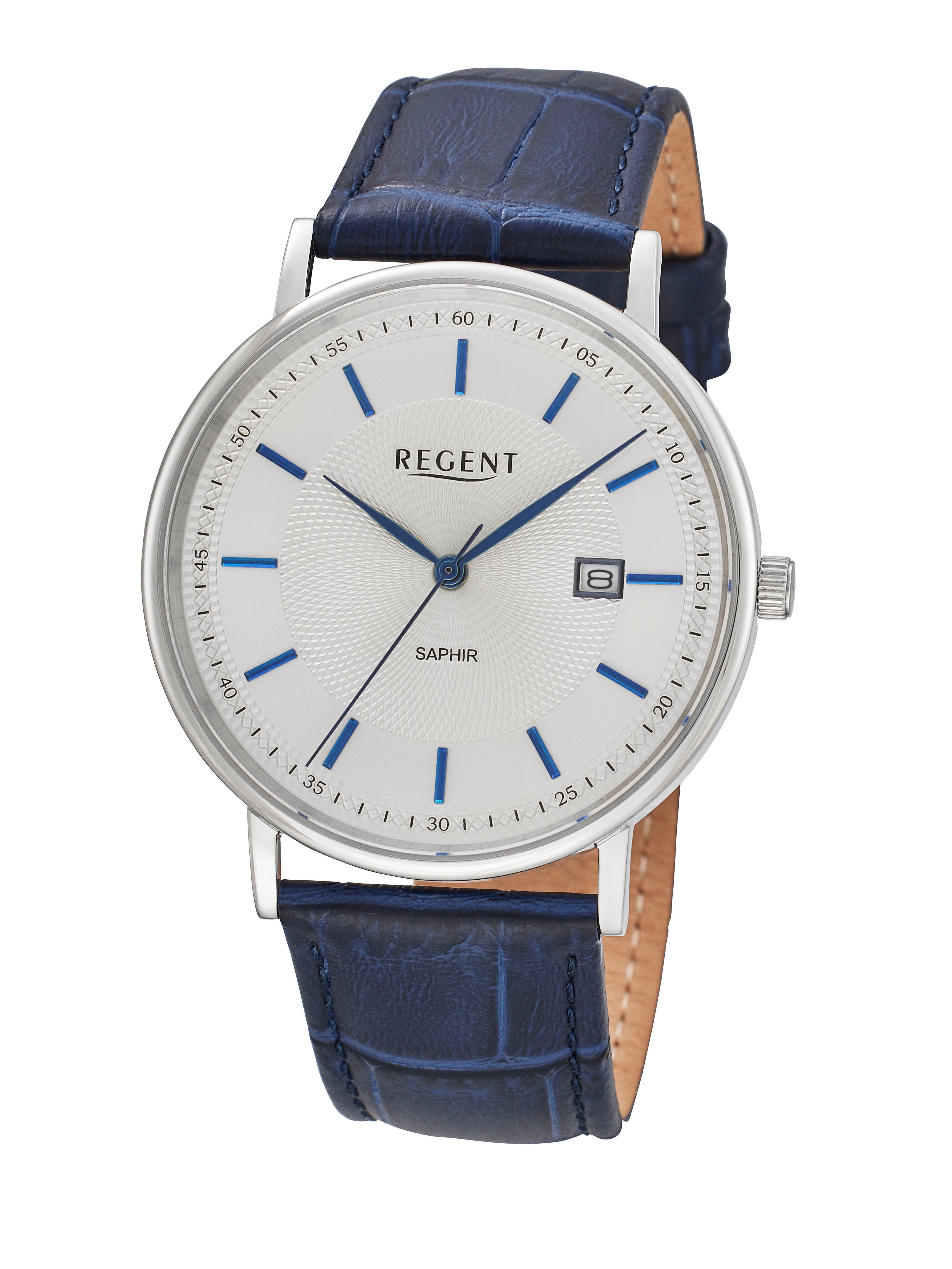 Regent Quarzuhr F-1591, Armbanduhr, Damenuhr, Herrenuhr, Lederarmband, analog, Tag