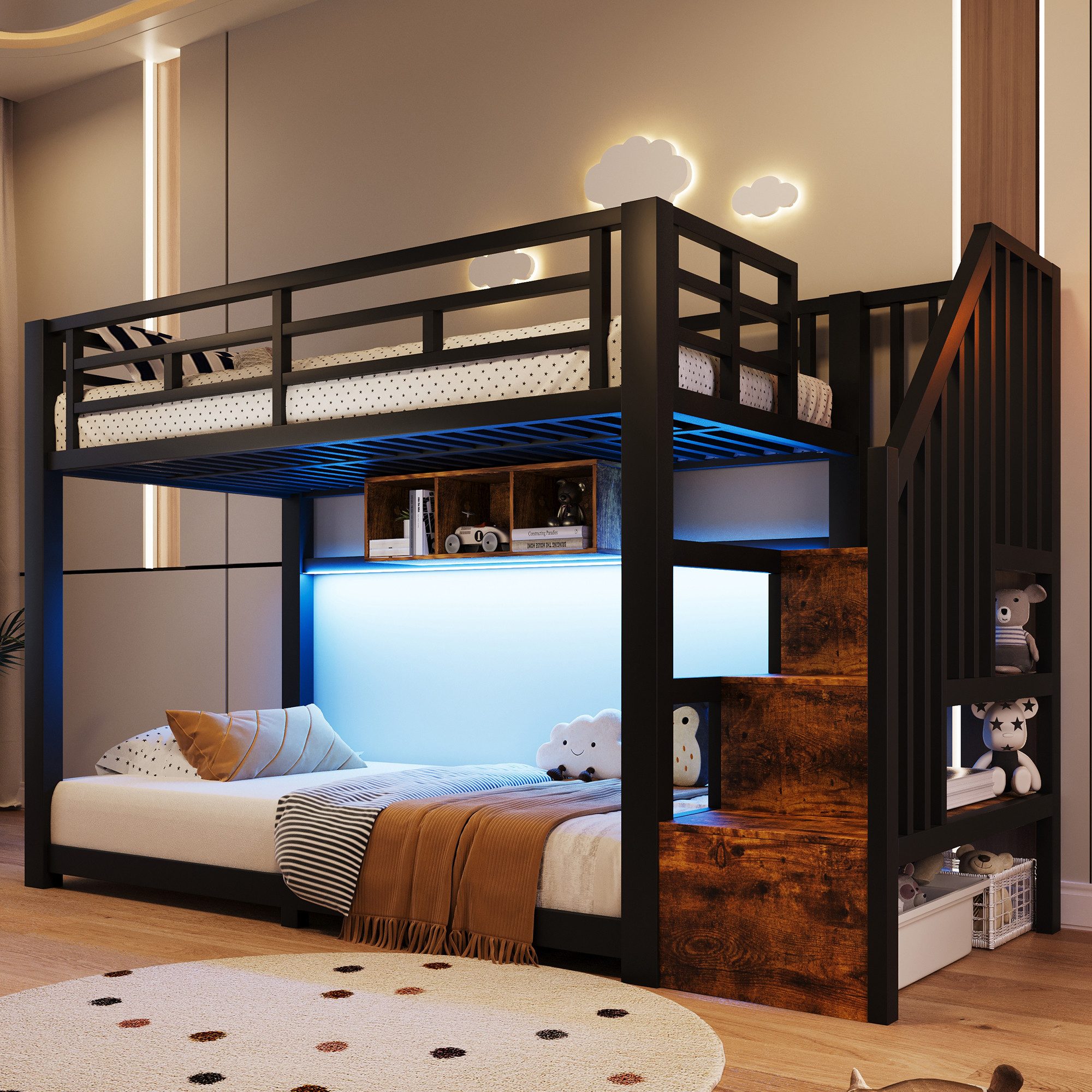 Odikalo Etagenbett 90x200 140x200 Kinderbett Jugendbett mit LED Stauraumtreppe (Mit LED-Lichtleisten, Drei Staufächer,Treppenkonstruktionen mit Stauraum, Geländer, Stufe, en747 zertifiziert, ohne Matratze, Metall)