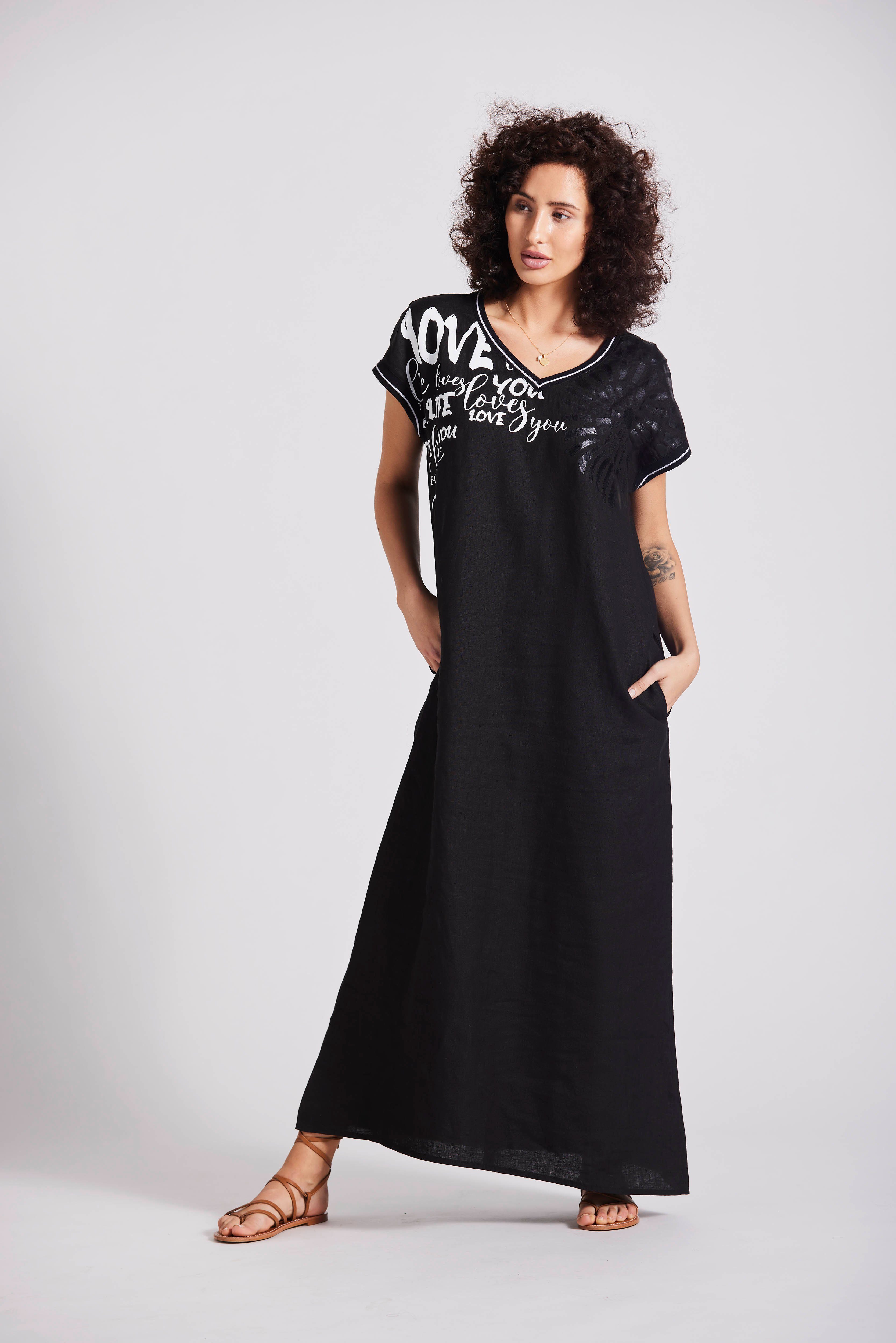 Damen Kleider Andijamo-Fashion Maxikleid LOVE LEINEN exklusiv Print