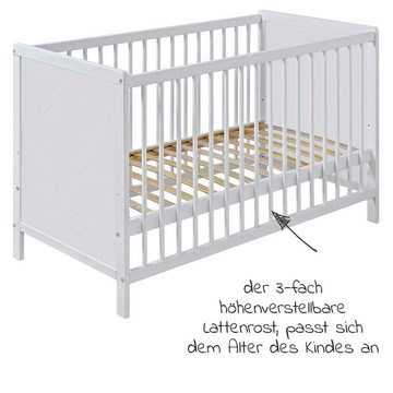 jonka Babybett Sina - Kuschelbär - Weiß, Set inkl. Bettwäsche, Himmel & Matratze 60x120 cm mit Schlupfsprossen