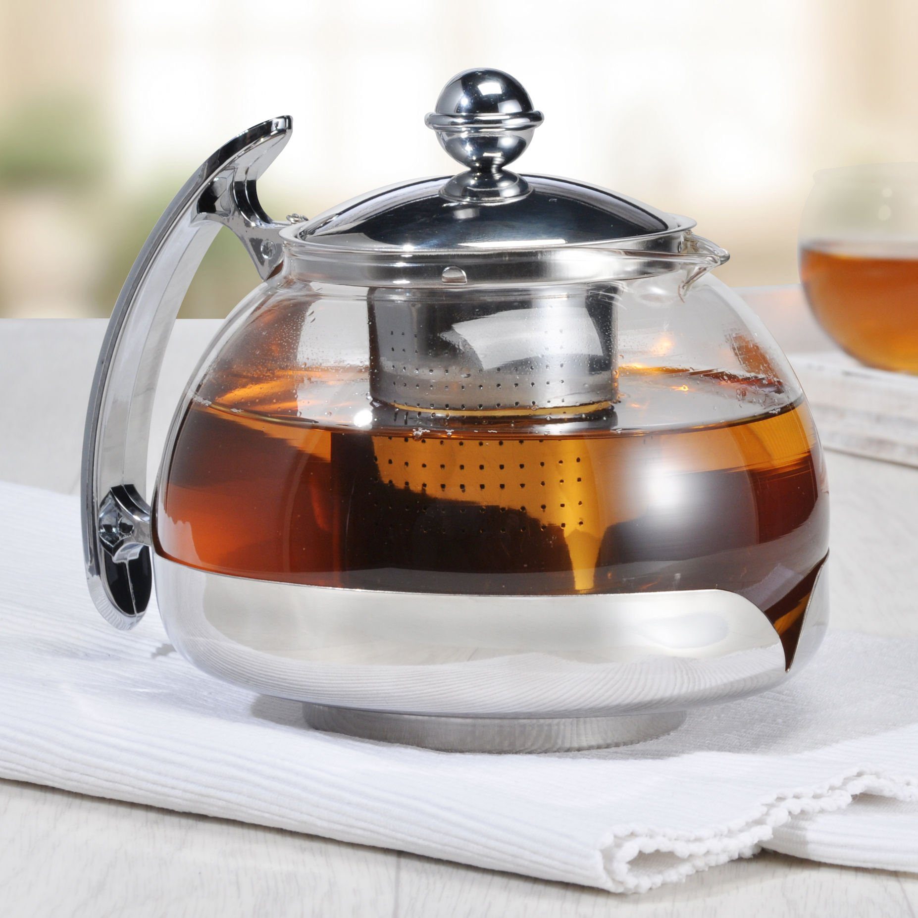 Spetebo Teekanne Glas Teekanne mit 1.20 Metall 3-teilig), Glaskanne Edelstahl l, L, - mit (Packung, Filtereinsatz 1,2 Teesieb