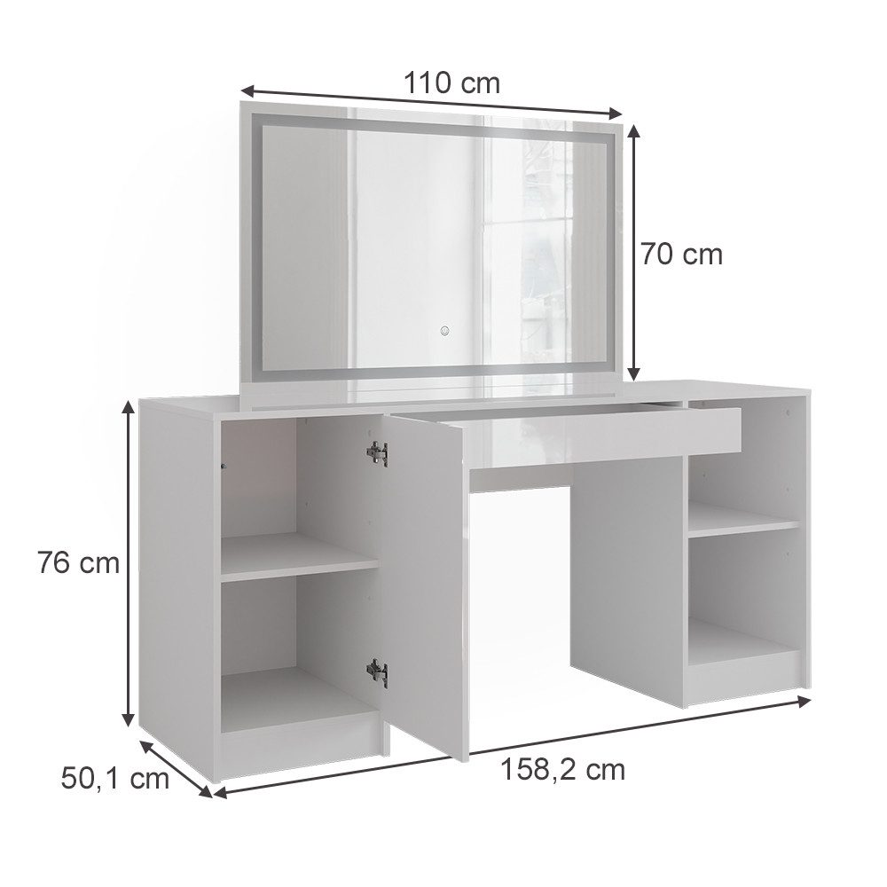 Vicco Schminktisch Sherry, Weiß/Weiß Hochglanz, 158.2 cm mit LED-Spiegel (2-St)