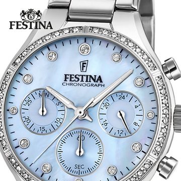 Festina Chronograph Festina Damen Uhr F20401/2 Edelstahl, Damen Armbanduhr rund, Edelstahlarmband silber