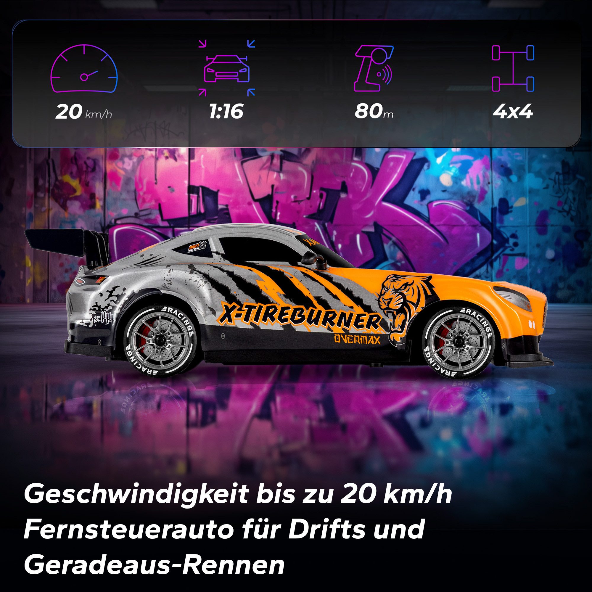 Overmax RC-Auto X-TIREBURNER (Set, Komplettset), Drift-/Rennreifen/LEDs/2 Akkus/2 Karosserien/Plug’n’Play