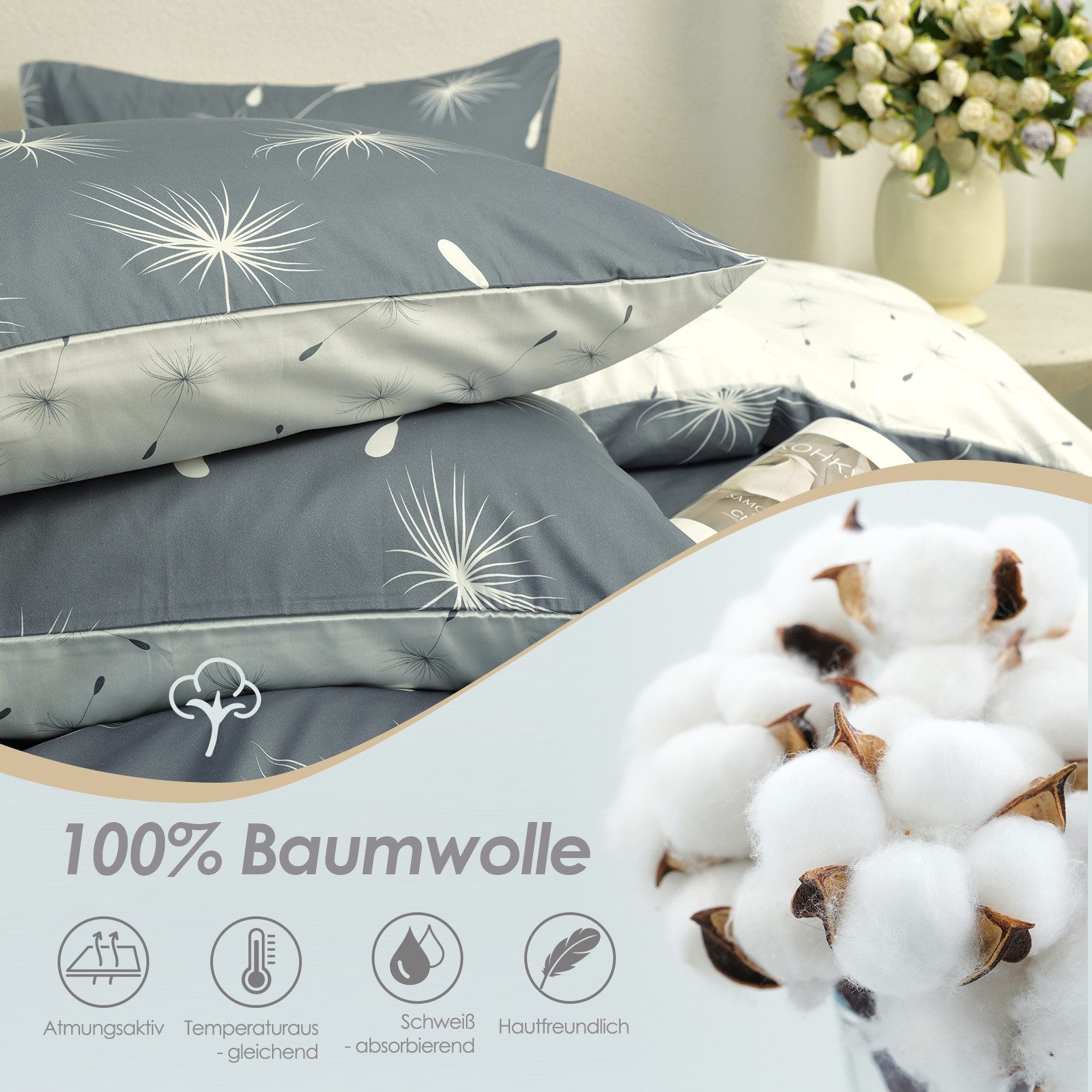 KEAYOO Bettwäsche Löwenzahnsamen, Baumwolle, 2 teilig, Bettwäsche mit Pusteblumen-Design für erholsamen Schlaf – Bild 5 von 5
