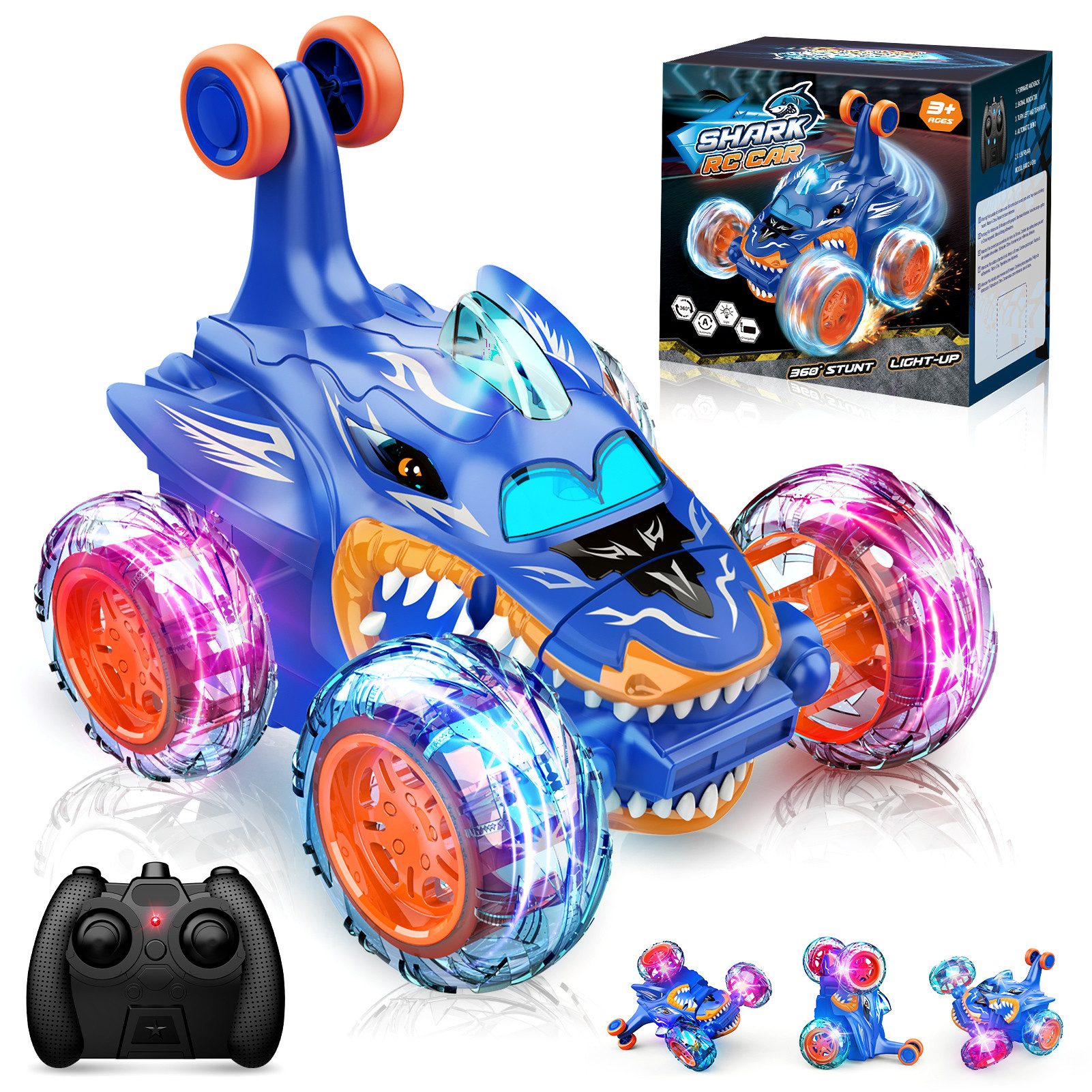 Wootoy RC-Auto Spielzeug-Auto Hai Ferngesteuertes Stuntauto mit 360°-Rotation (USB-Aufladung 4WD-Antrieb robuste Gummireifen, 1-tlg., mit 90°-Vertikalfahrten und LED-Räder), für den Innen- und Außenbereich auf verschiedenen Untergründen