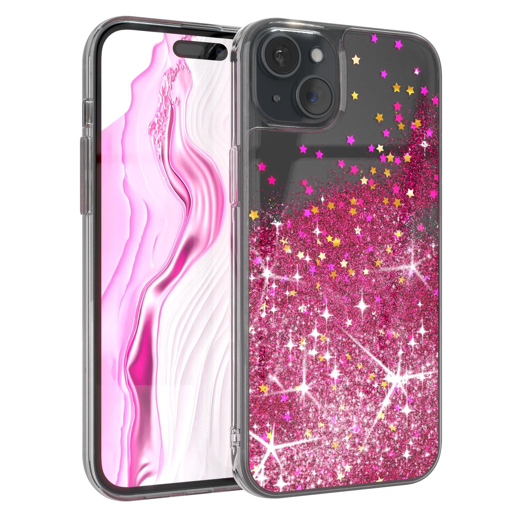 EAZY CASE Handyhülle Liquid Glittery Case für Apple iPhone 15 Plus 6,7 Zoll, Glitzerhülle Shiny Slimcover stoßfest Durchsichtig Bumper Case Pink