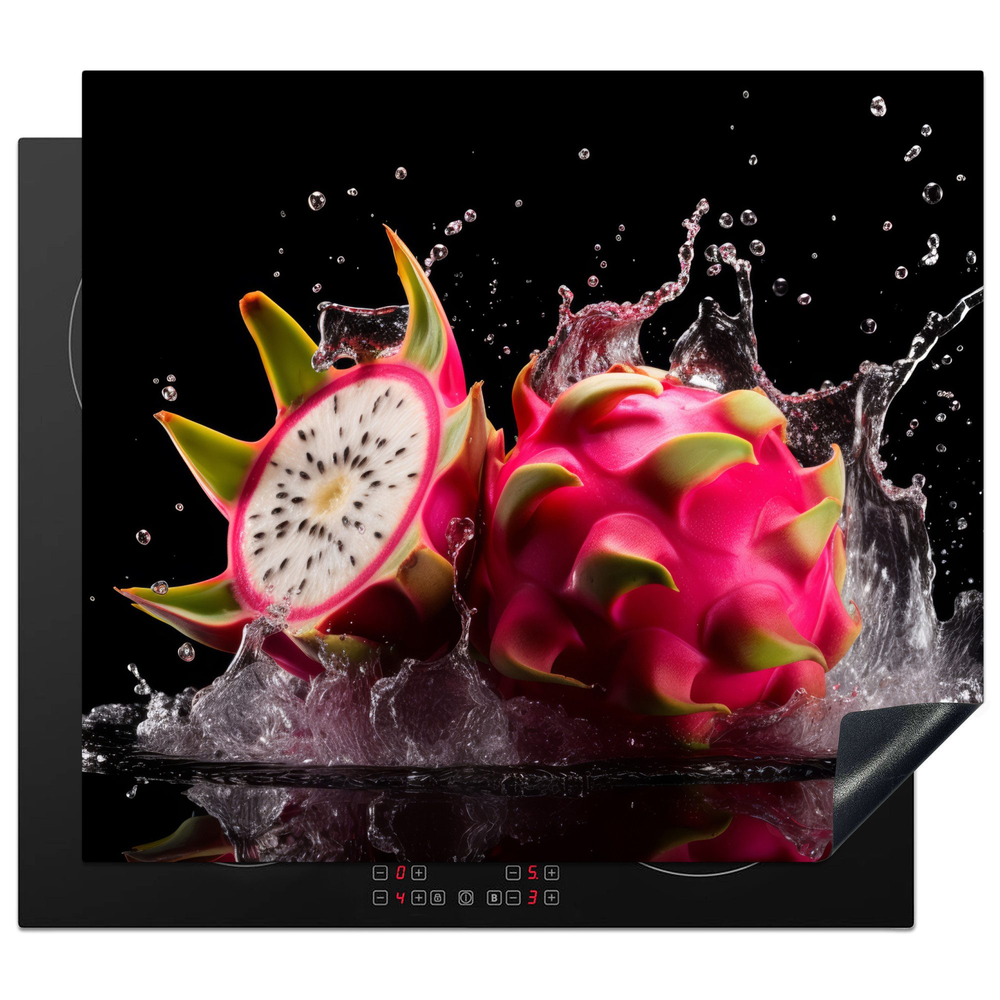 MuchoWow Herd-Abdeckplatte Drachenfrucht - Schwarz - Wasser - Frucht - Frucht, Vinyl, (1 tlg), Ceranfeldabdeckung Küche, Herdabdeckplatte Einteilig, 60x52 cm