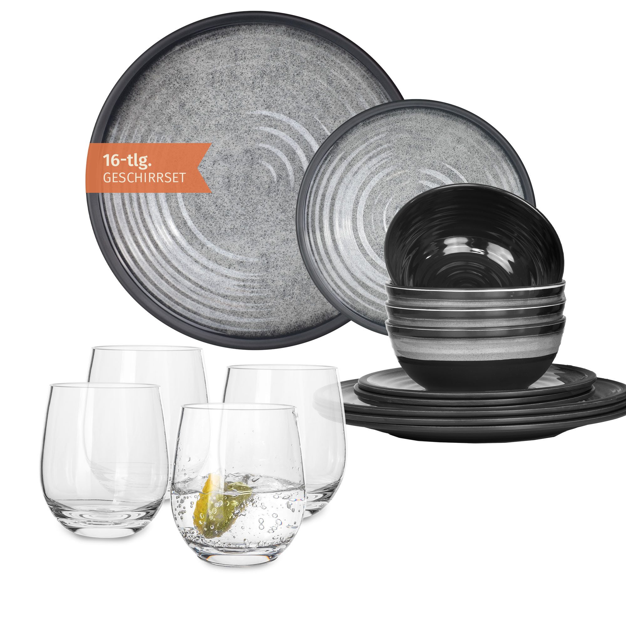 Moritz Geschirr-Set Camping Geschirr Stone Grey + Tiamo Wassergläsern