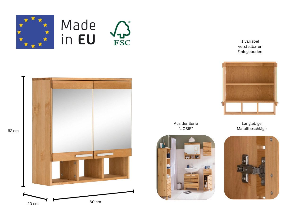 Home affaire Spiegelschrank JOSIE Breite 60 cm, aus Massivholz, verstellbarer Einlegeboden, Metallgriffe