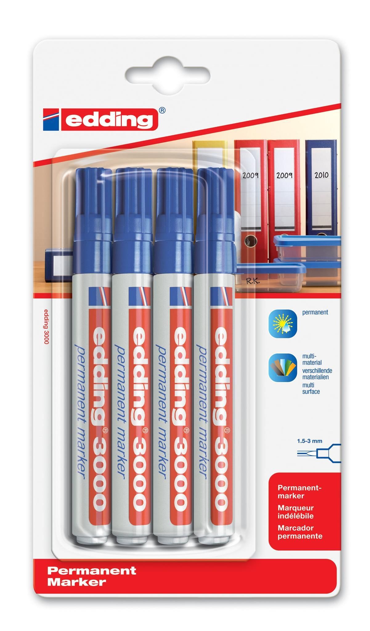 Marker Edding Permanentmarker 3000 4er-Blister blau