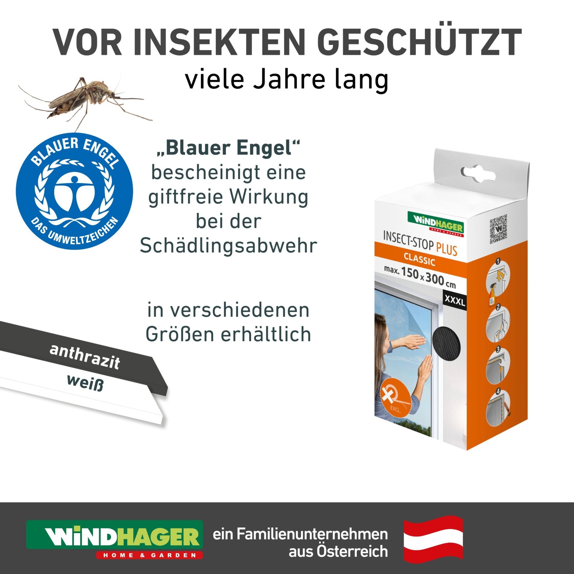 Windhager Moskitonetz Plus für Fenster, Klettband Insektenschutz ohne bohren, 150 x 300 cm (1 St), Insektenschutzgitter, Moskitonetz erhältlich in anthrazit oder weiß