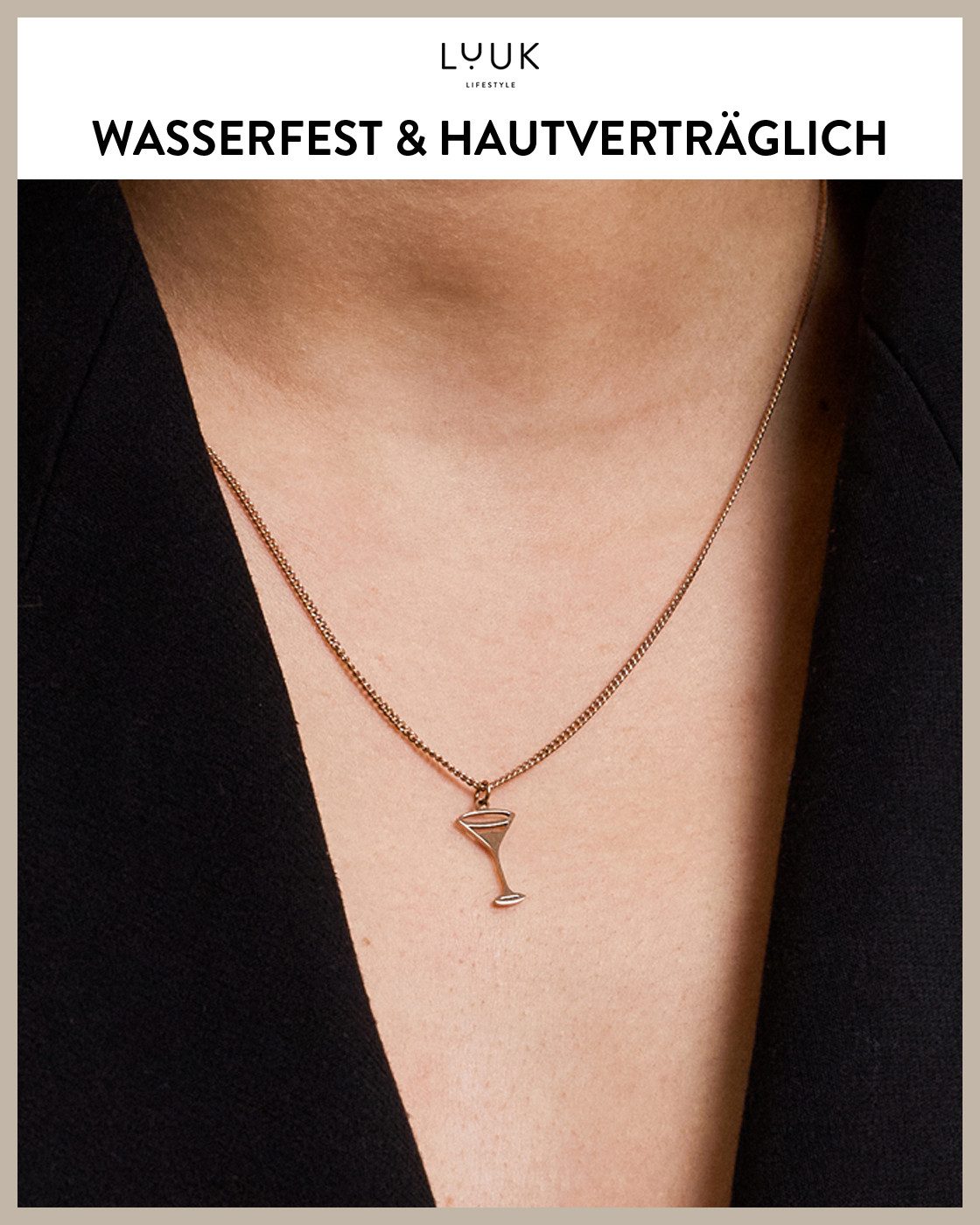 LUUK LIFESTYLE Kette mit Anhänger Cocktailglas, Glas Halskette aus Edelstahl