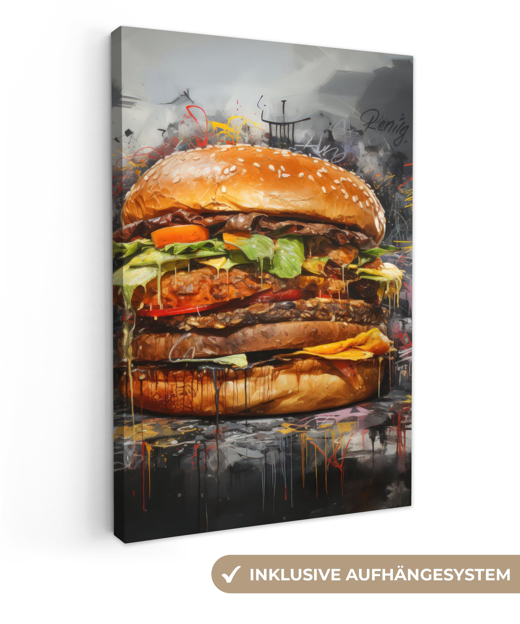 OneMillionCanvasses® Leinwandbild Burger - Essen - Kunst - Grau - Graffiti, günstig online kaufen
