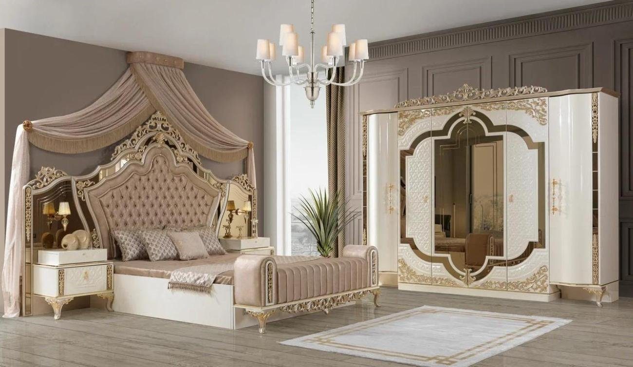 JVmoebel Komplettschlafzimmer Luxus Schlafzimmermöbel Set in Weiß mit Nachttischen, (5-tlg., 1x Bett + 2x Nachttische + 1x Kleiderschrank), Made in Europa