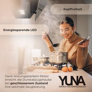 YUNA Kopffreihaube Dunstabzugshaube Schräghaube DUSICA, 60 cm, Umluft oder Abluft, 60cm breit, LED-Beleuchtung, Abluft- und Umluft, schwarze Glasfront