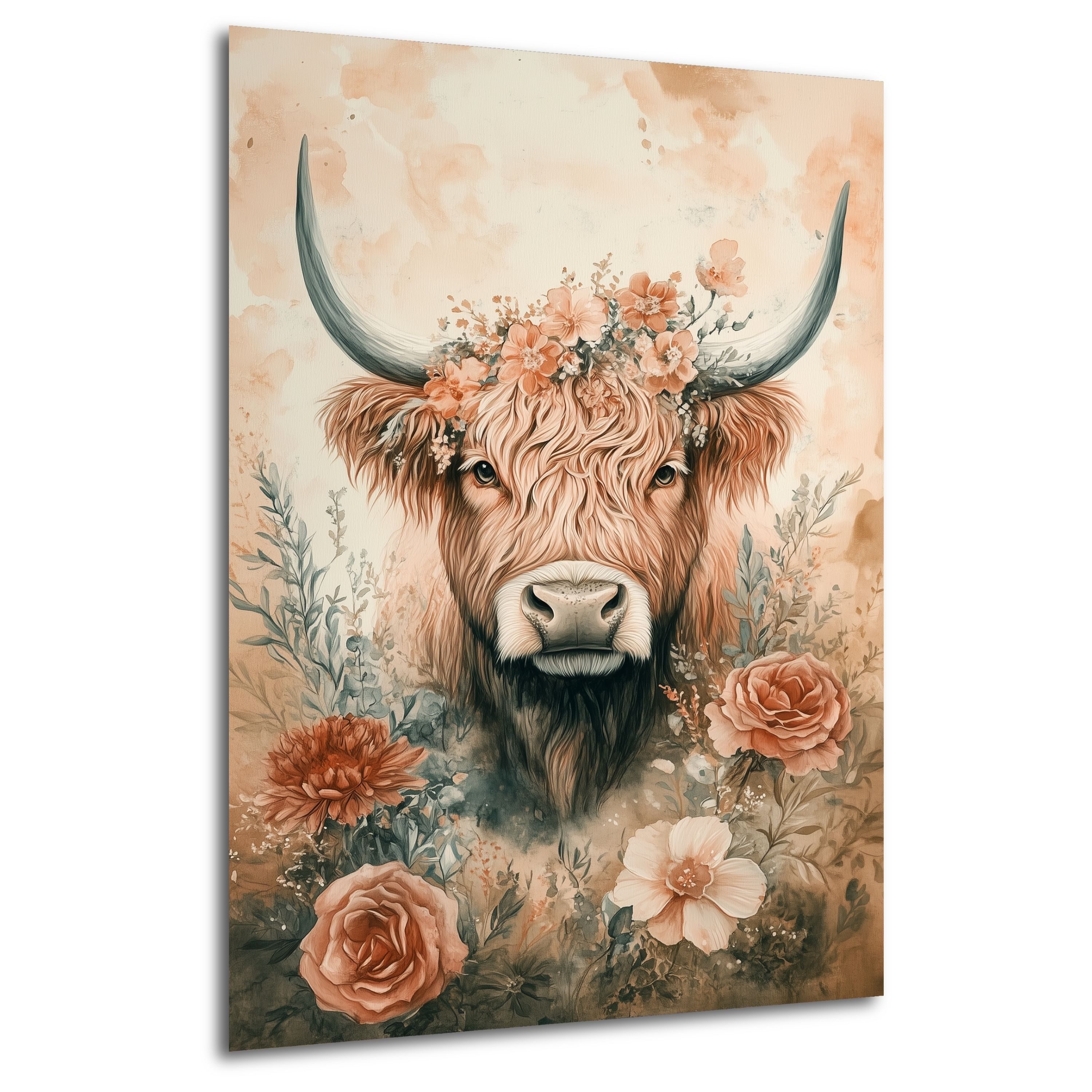 DARO Design Leinwandbild Modern Abstrakt Wandbilder XXL Wandbild Wand Deko Leinwand Bilder, (Rind mit Blumen - Bild groß Wohnzimmer Schlafzimmer Küche Esszimmer Einteilig Querformat Fotodruck Leinwände Wanddeko Abstrakte Kunst Boho), 30x20cm