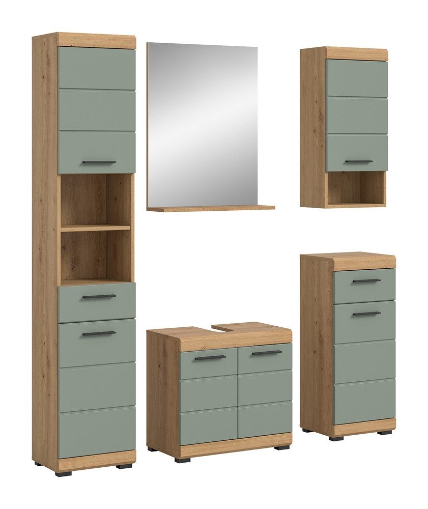 Badmöbel-Set Badezimmer-Set Scout, Salbei / Artisan Eiche, 5-teilig, optional