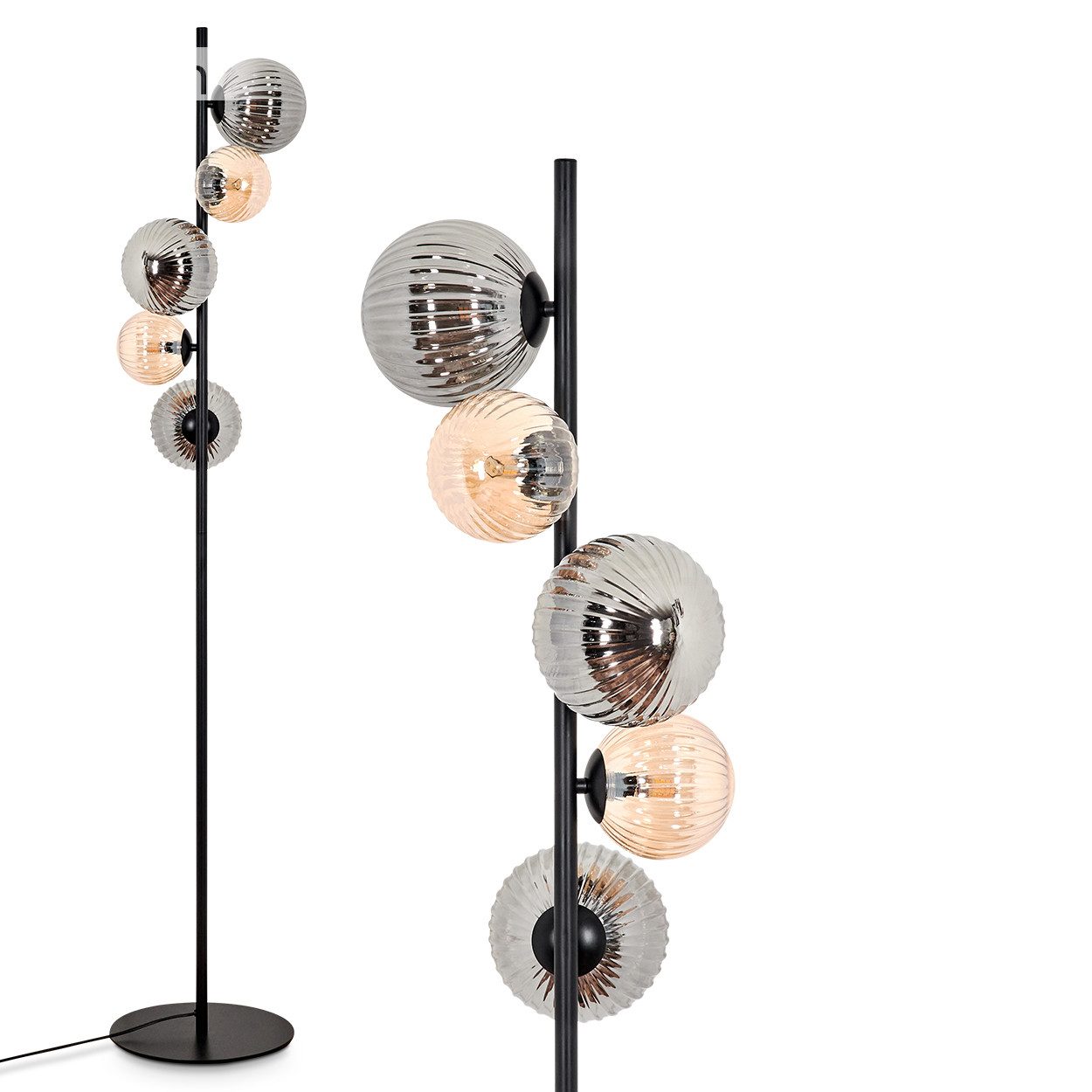 Stehlampe Stehlampe aus Metall/Riffelglas in Schwarz/Rauch/Bernstein