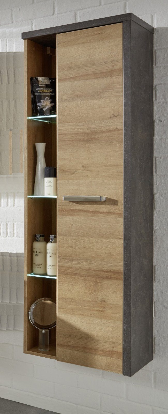trendteam Hochschrank Bay (Bad Hängeschrank in Eiche mit grau, 48 x 160 cm) mit Spiegel innen, Soft-Close-Funktion