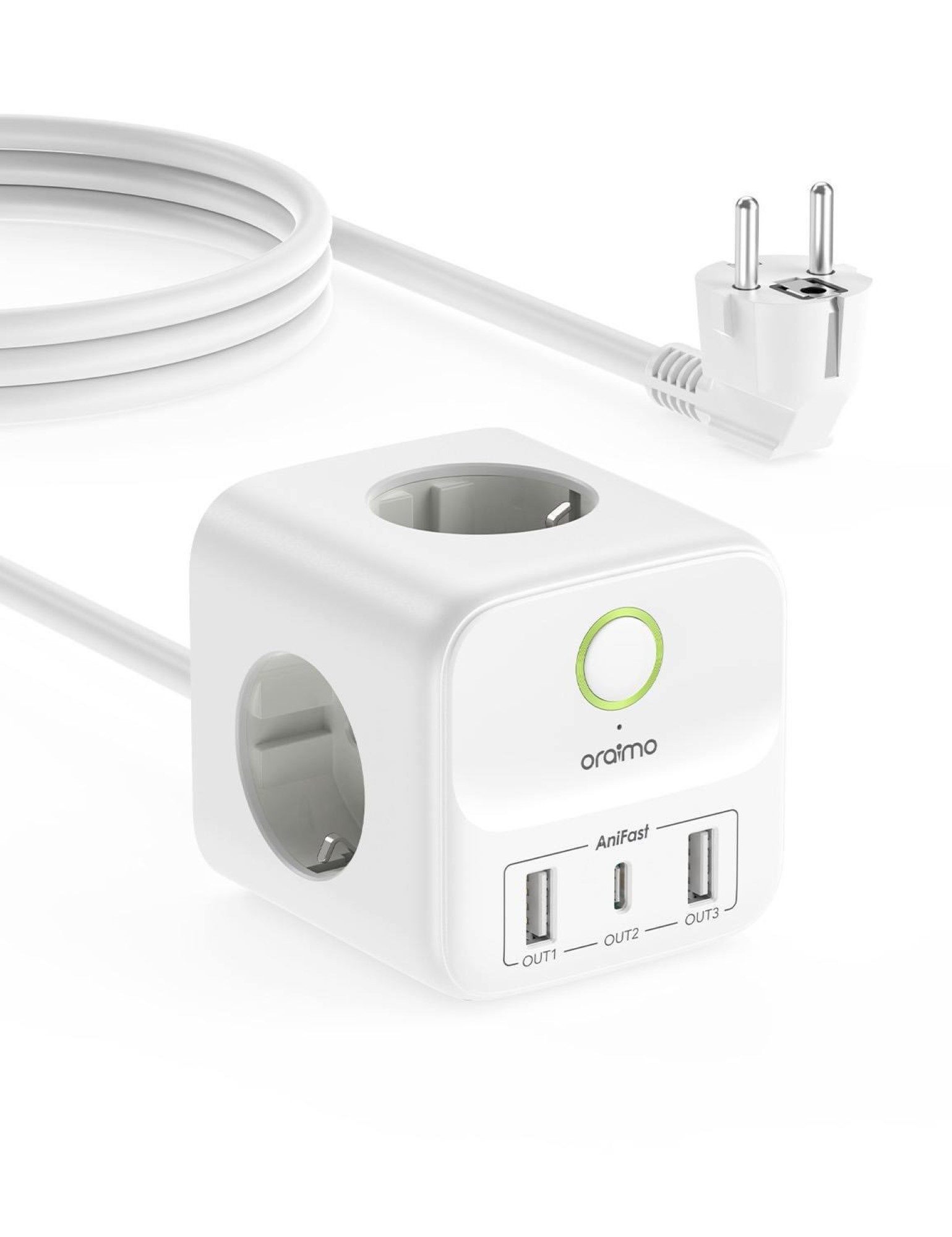 ORAIMO Würfel-Mehrfachsteckdose 20W 1,5M Kabel USB Typ C und USB Mehrfachsteckdose 6-fach (Ein- / Ausschalter, USB-Anschlüsse, Schalterbeleuchtung, USB-C Anschluss, Schutzkontaktstecker, Überspannungsschutz, Kabellänge 1.5 m), mit Schalter, mit USB und USV`B-C Anschlüsse Überspannungschutz