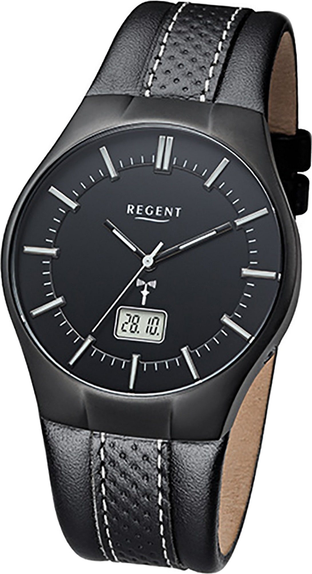 Regent Funkuhr Regent Leder Herren (ca. Lederarmband, FR-216 rundes Uhr Herrenuhr mit Gehäuse, Funkuhr, Elegant-Style 39mm)