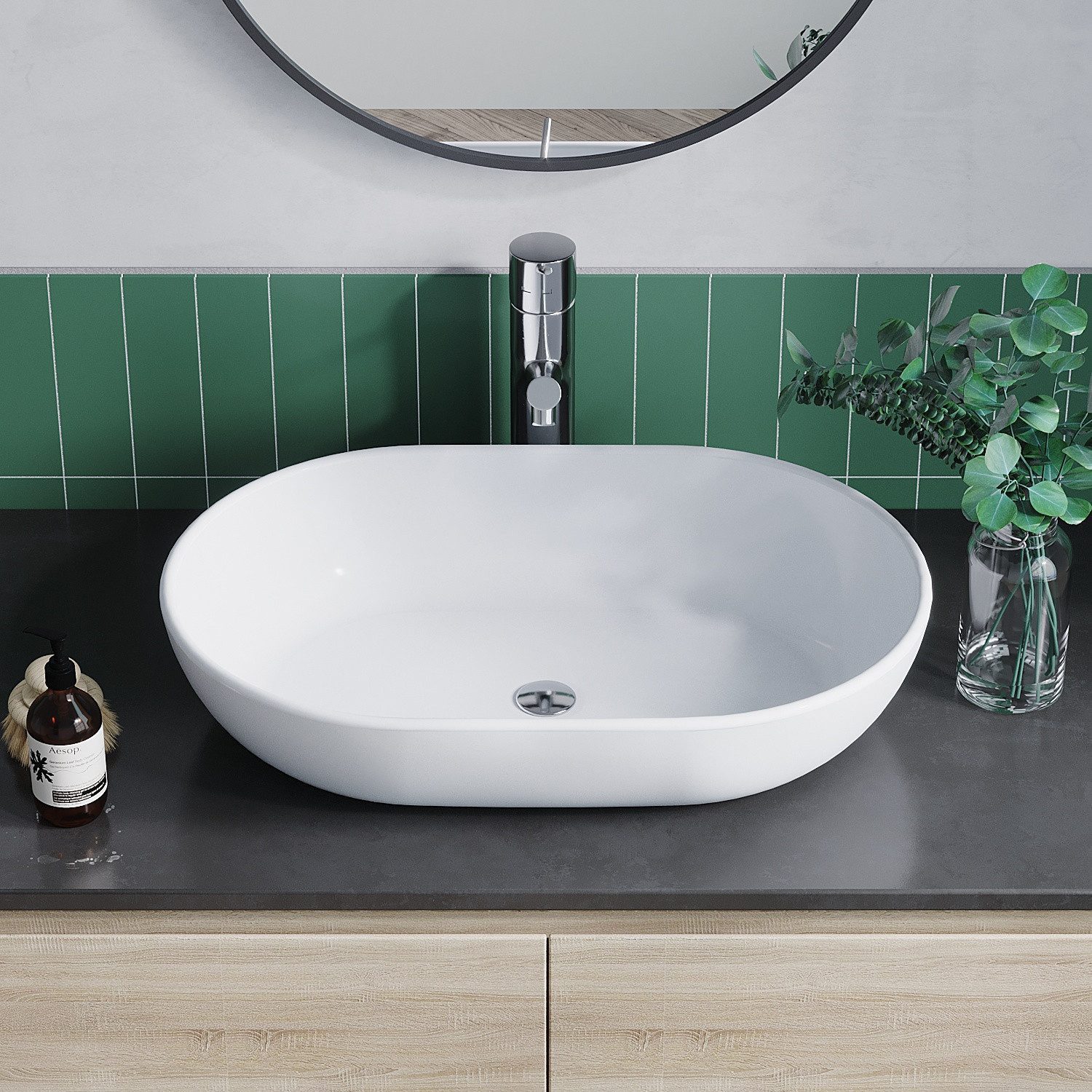 AQUALAVOS Waschbecken Waschbecken Keramik Aufsatzwaschbecken für das Badezimmer und Gäste-WC, Weiß I Modernes Design I Einfache Installation, Einfach zu säubern