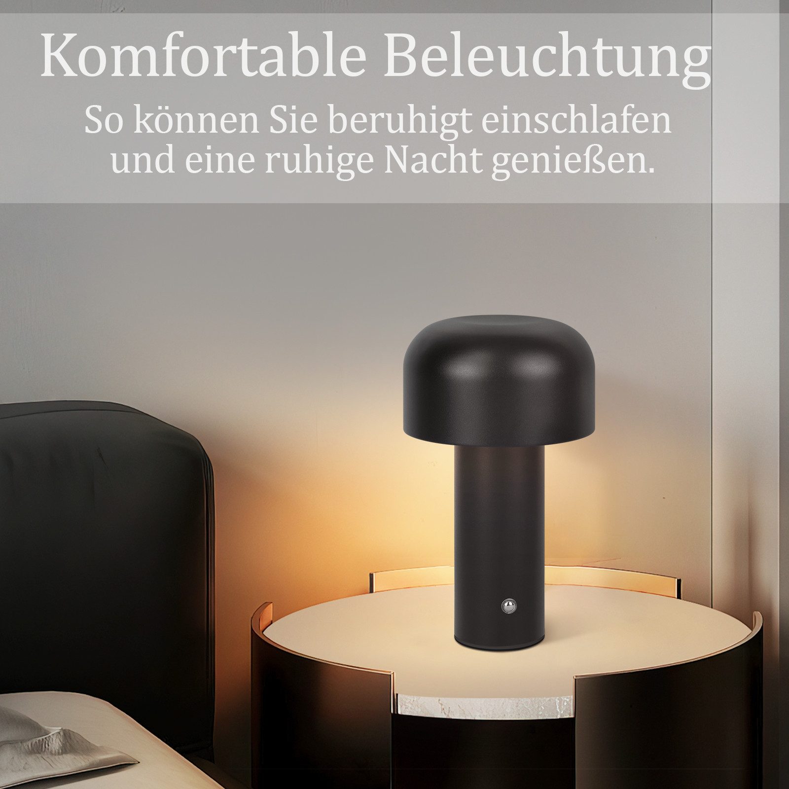 ZMH LED Tischleuchte Kabellos - 2W Tischlampe Akku Dimmbar Modern Metall für Wohnzimmer, Augenschutz, Einfache Installtion, LED fest integriert, 3000-6500K, Aufladbar Schwarz Pilz Nachttischlampe Schlafzimmer