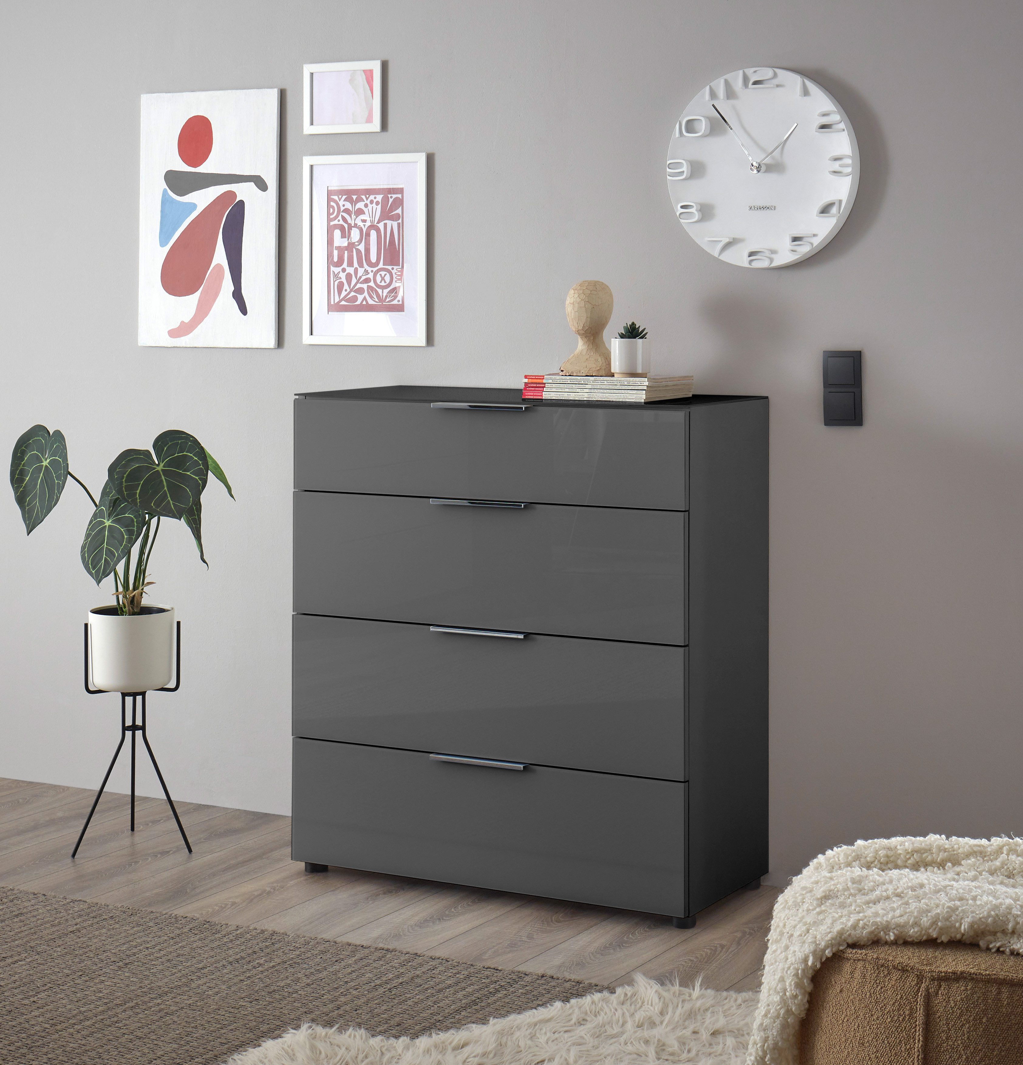 HBZ Kommode Santorin Mehrzweckschrank mit Schubkästen, BxHxT 90x99x40 cm (1 St), Mit 4 Schubkästen mit Softclose, Glasfront und Glasoberboden