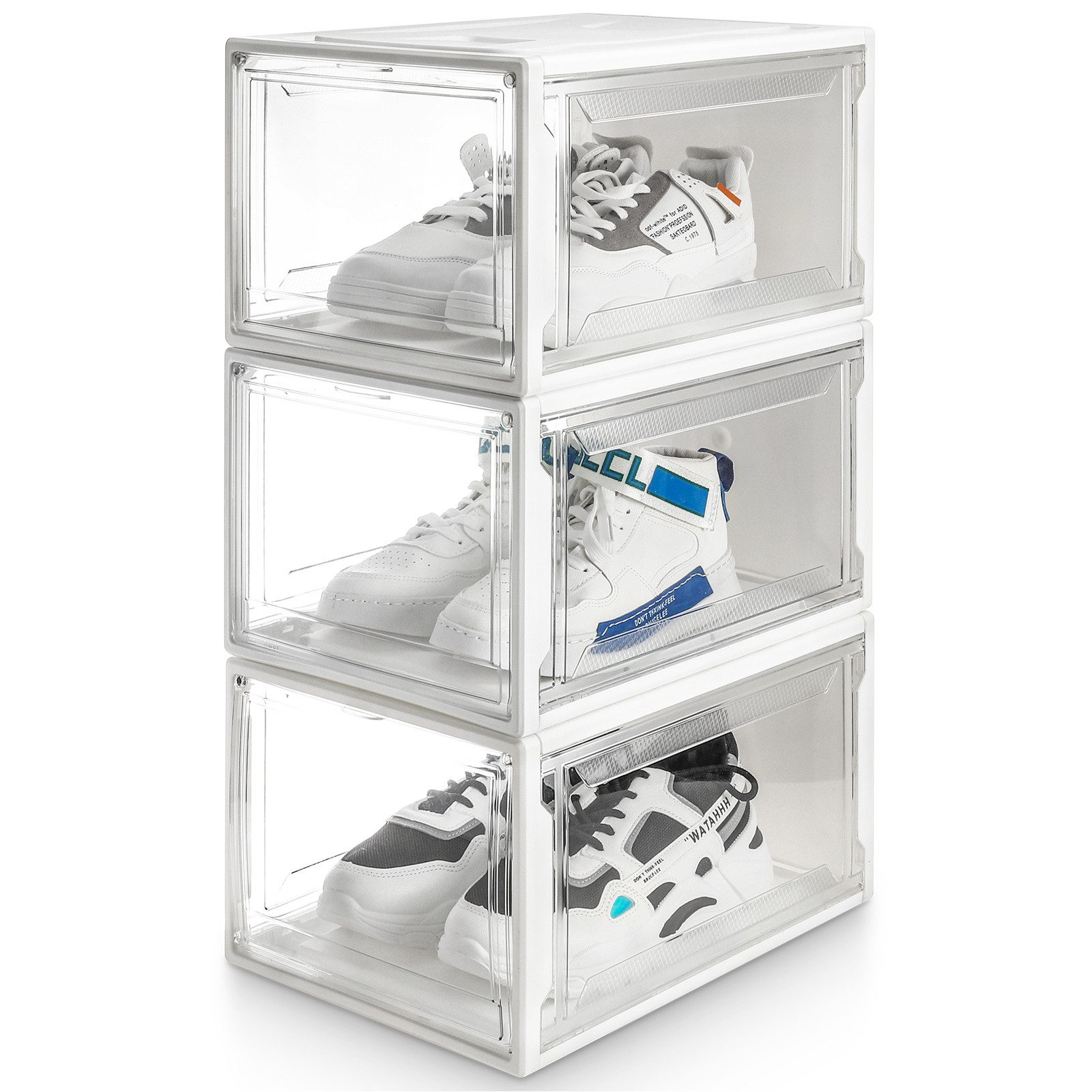 Yorbay Schuhbox 3er Set Schuhbox, stapelbarer Schuhorganizer, Schuhaufbewahrung (Kunststoffbox mit durchsichtiger Tür), Transparent weiß / schwarz, 37 x25,5 x 20 cm, für Schuhe bis Größe 48