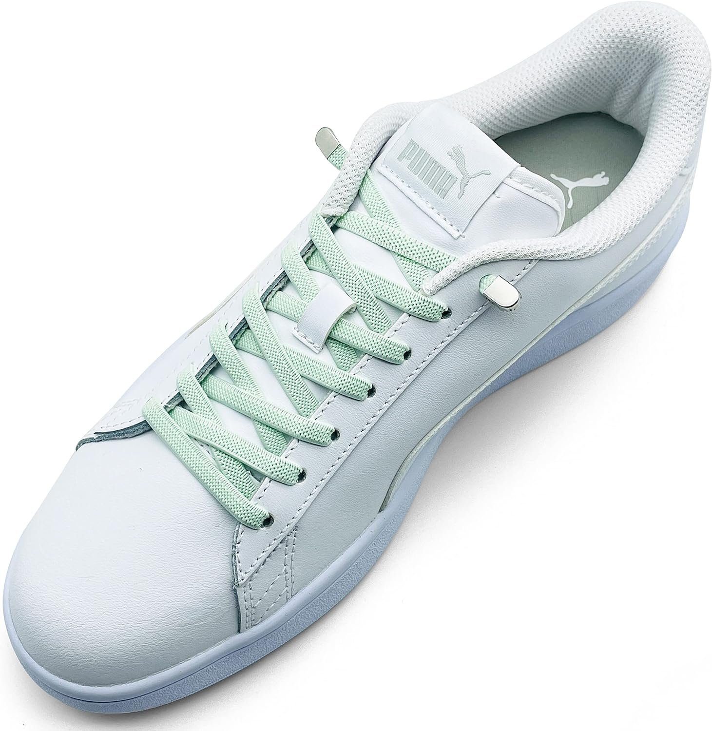 ELANOX Schnürsenkel 4 Stück für 2 Paar Schuhe elastische Schnürsenkel mit Clips, inkl. Enden (Clips) - 8 St. in silber hellgrün