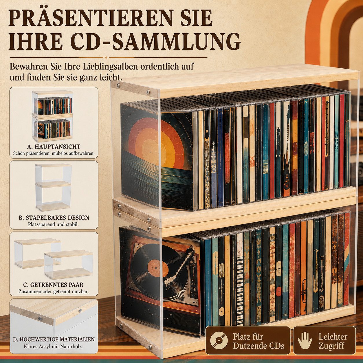 BlingBin CD-Regal CD-Halter aus Holz und Acryl, stapelbare CD-Ständer für bis zu 60 CDs, CD-Tischständer 2-tlg., CD-Aufbewahrung für Standard-CD-Hüllen, Medien-Organizer