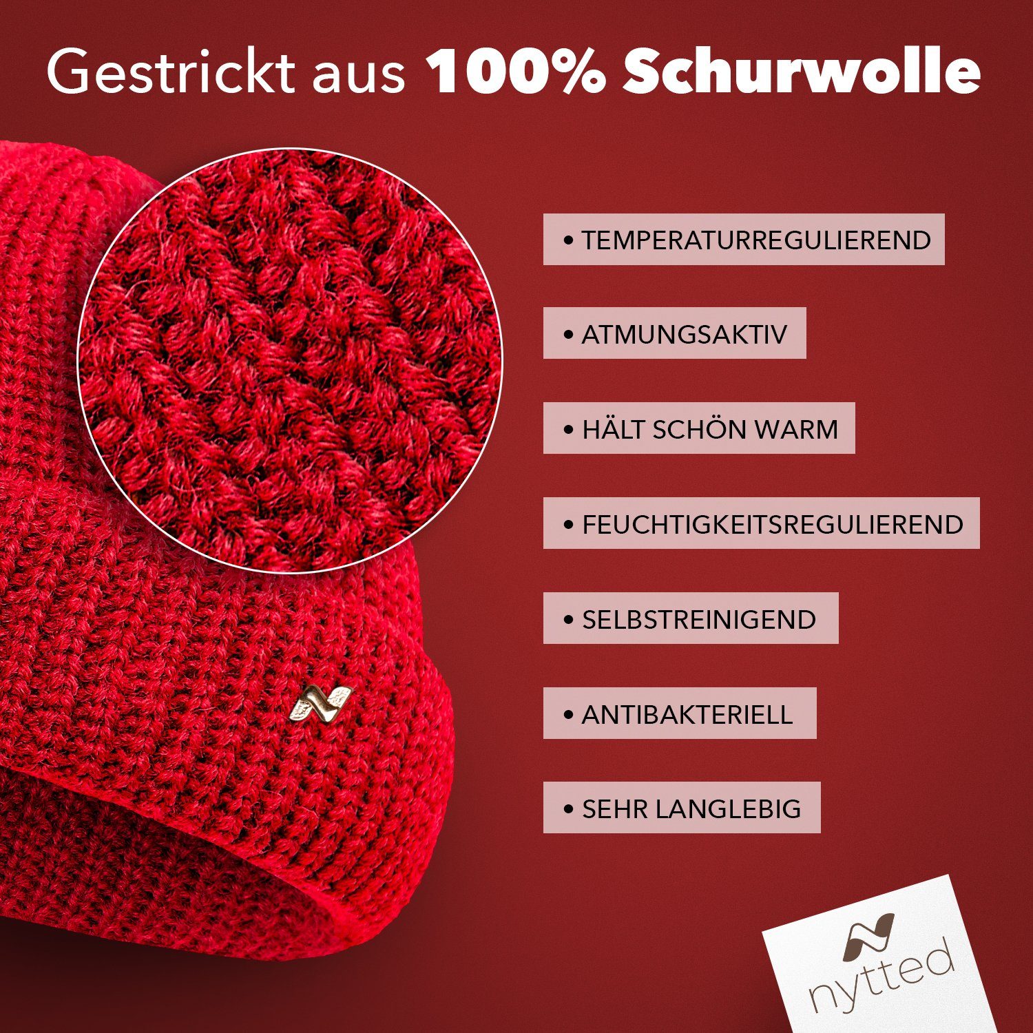 Wolle Made - - UNISEX NYTTED® Germany rot Strickmütze 100% Costeau kurze Mütze- - in