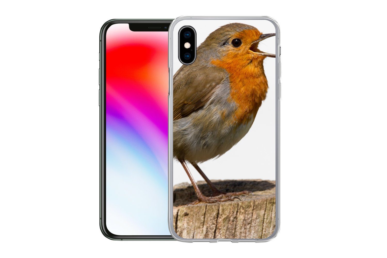 MuchoWow Handyhülle für Apple iPhone Xs Rotkehlchen - Vogel - Holz, Smartphone-Bumper, Print, Handy Schutzhülle Dünn