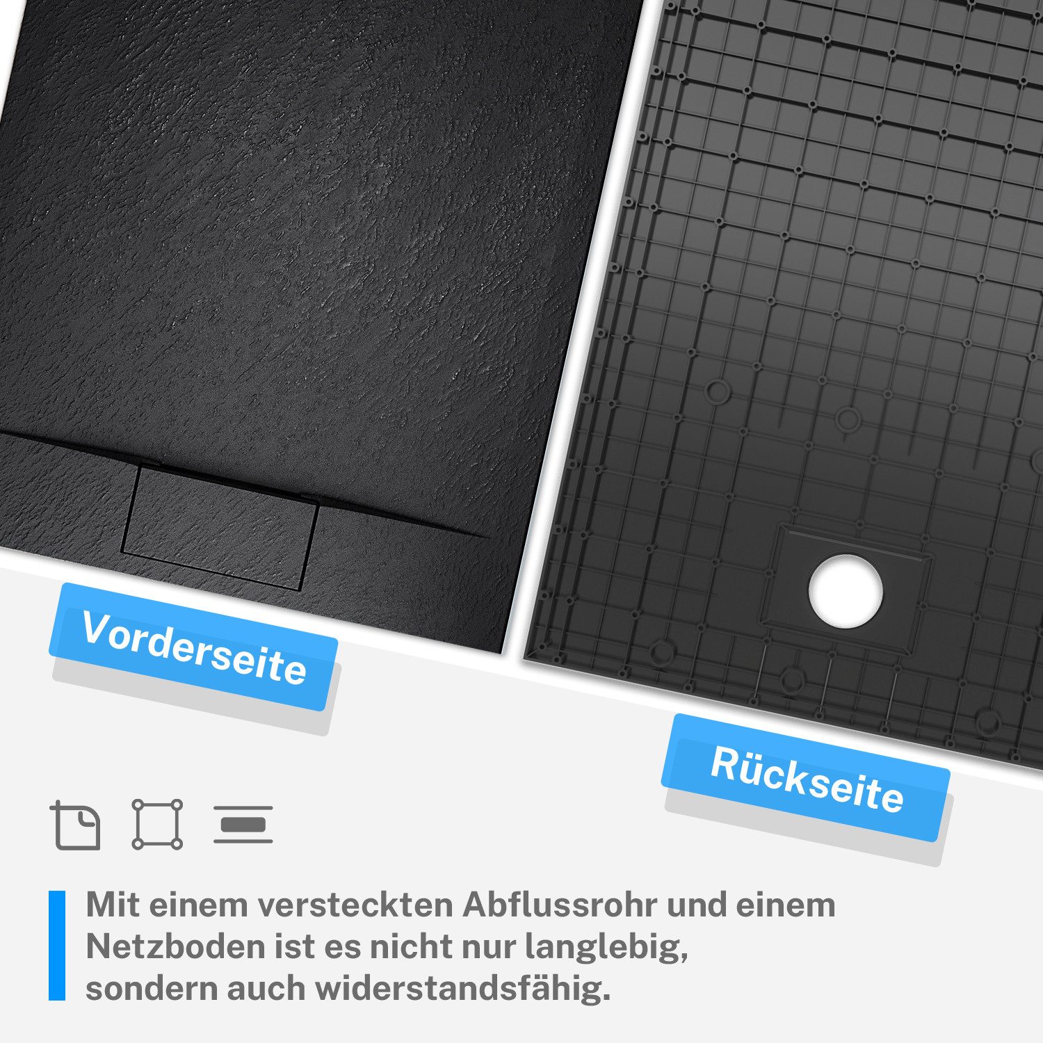 SONNI Duschwanne Schieferoptik mit Siphon,Weiß/Schwarz/Grau, SMC,Duschtasse,100-160cm, Antirutsch,Rechteckig,Flach,ABlaufgarnitu,Duschtasse,Inklusive Siphon.