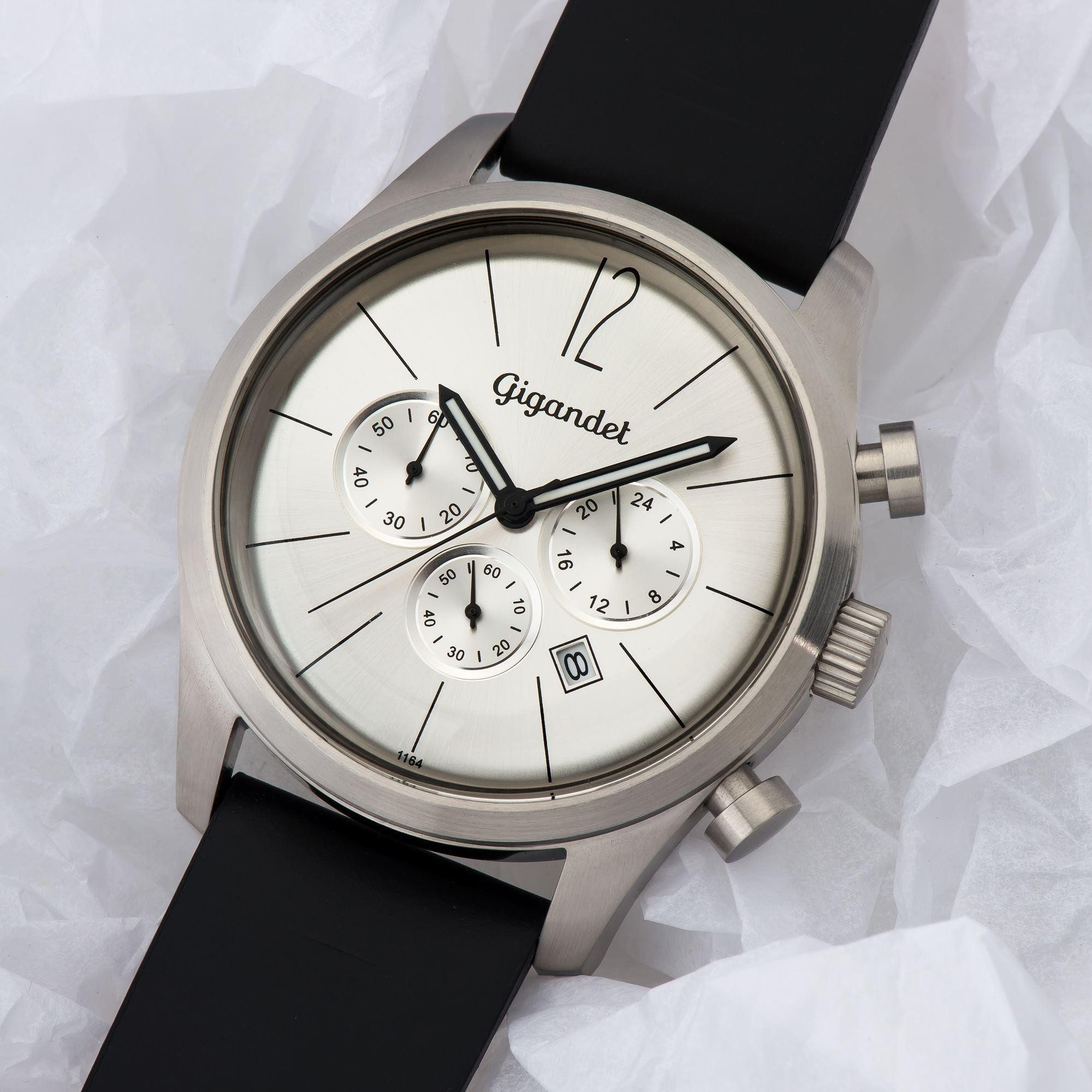 Gigandet Chronograph Armbanduhr, Herrenuhr, Sportuhr, 46mm, ART DECO G13-001, Kunststoffglas, Datumsanzeige, Lederband, 5bar/50m wasserdicht