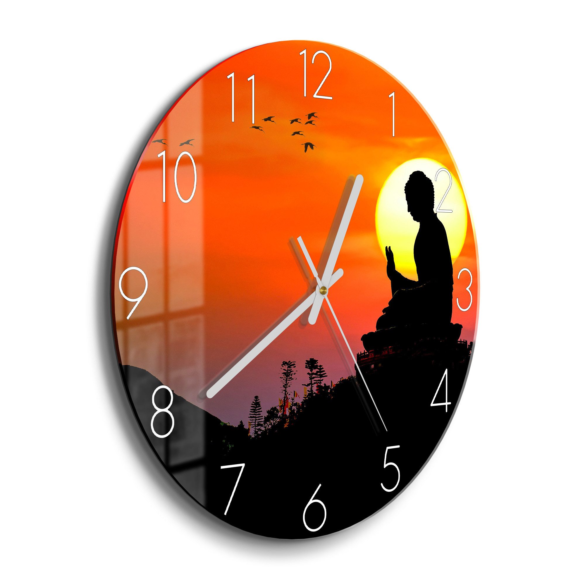 DEQORI Wanduhr 'Buddha im Sonnenlicht' (Glas Glasuhr modern Wand Uhr Design Küchenuhr)