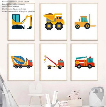 TPFLiving Kunstdruck (OHNE RAHMEN) Poster - Leinwand - Wandbild, Traktor, Lastwagen, Bagger, Kran für Kinderzimmer - (Mädchenzimmer, Babyzimmer, Jungenzimmer, Kindergarten), Farben: rot, grün, blau, gelb - Größe: 10x15cm