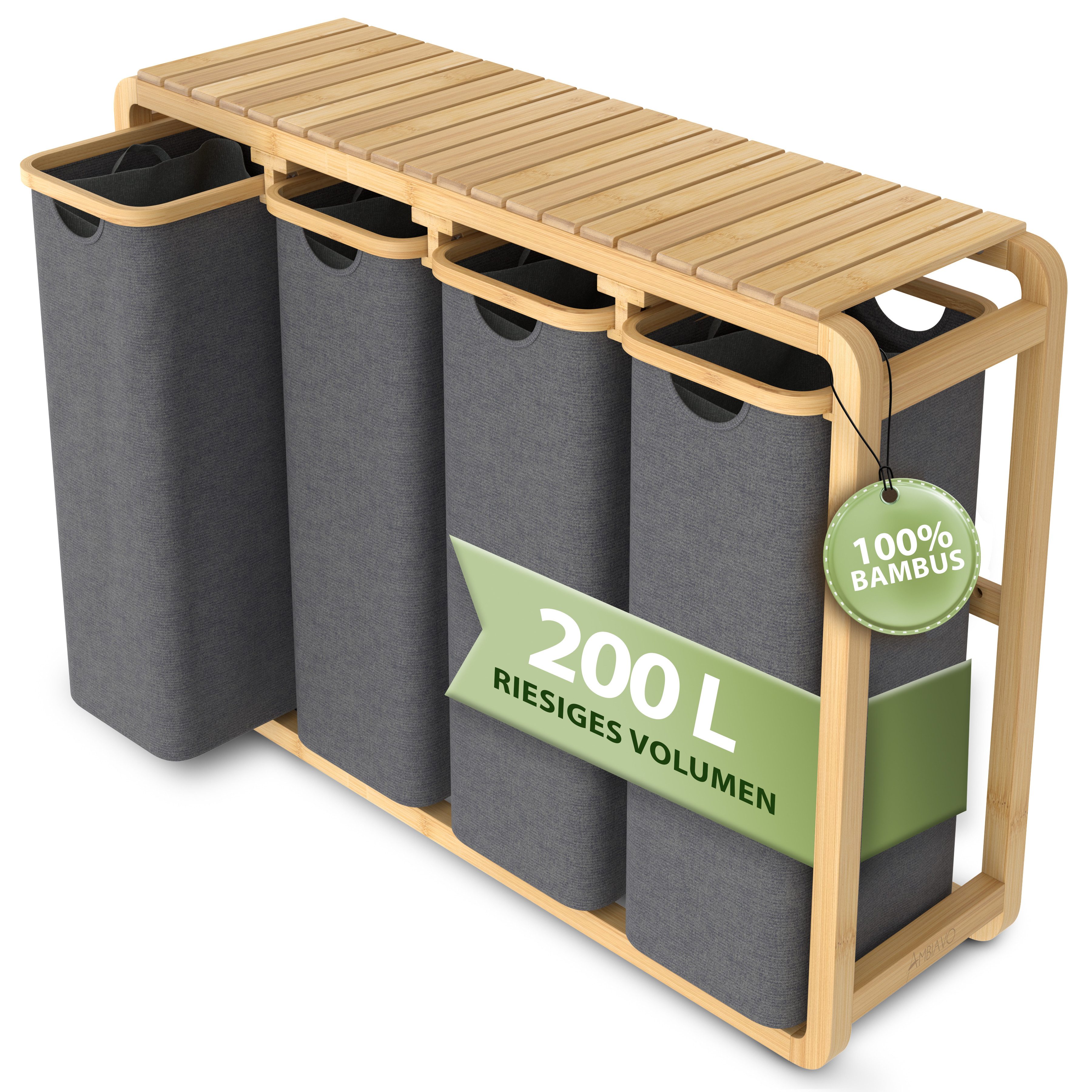 AMBIAVO Wäschekorb 4 Fächer mit waschbaren Baumwollsäcken, 200 L Volumen, stabiler 3x3 cm Bambusrahmen, innovatives Design