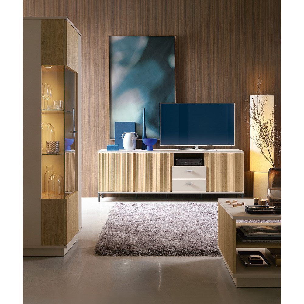 Lomadox Wohnzimmer-Set MOLINA-129, (Mega-Spar-Set, 3-St., Lowboard Couchtisch Vitrine), Wohnzimmermöbel in Eiche & kaschmir mit Softclose & LED-Beleuchtung