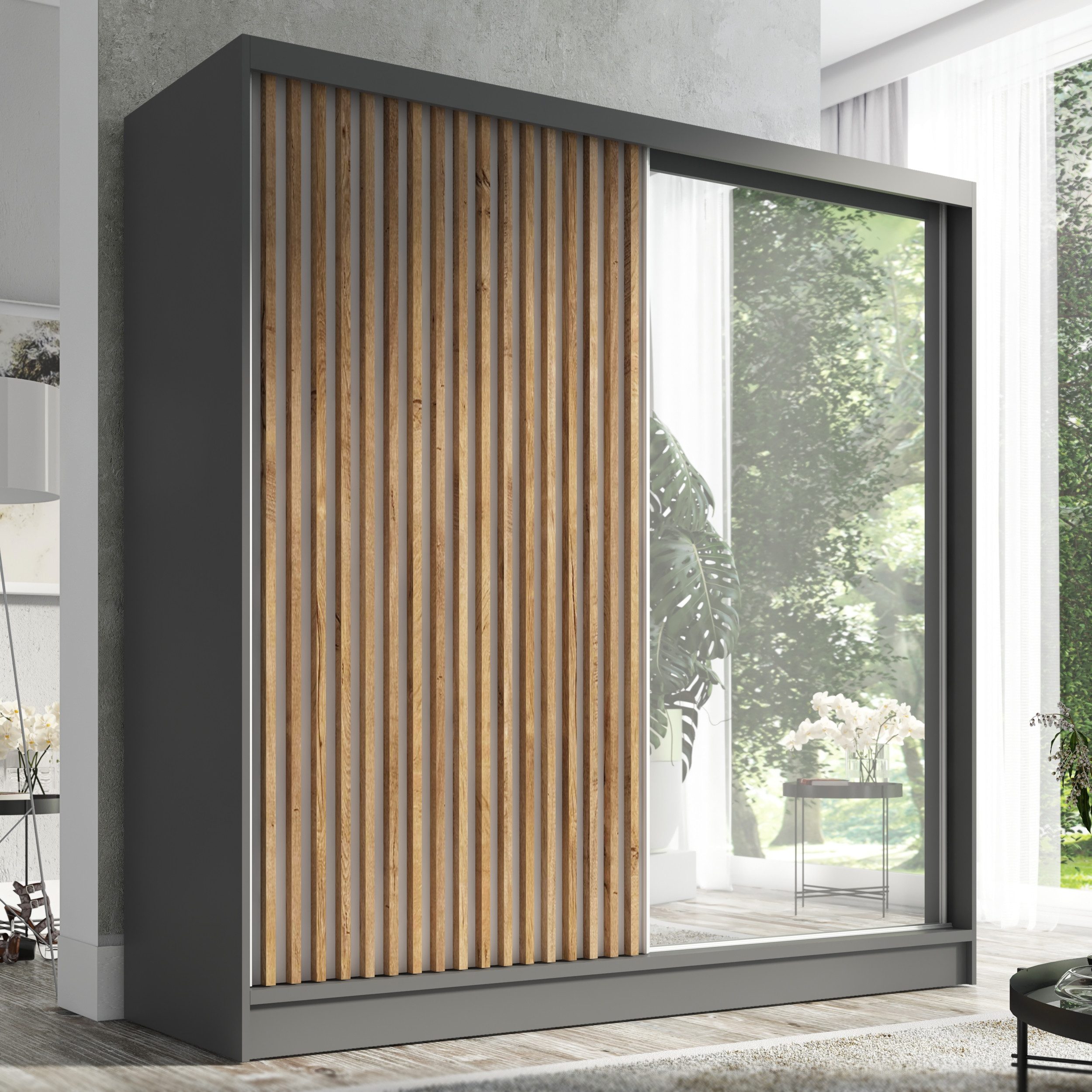 A&J MöbelLand GmbH Schiebetürenschrank LINA mit 3 Schubladen, 3D-Lamellen und Spiegel (TOP ANGEBOT! Geräumiger Schrank mit einer Breite von 200 cm und Spiegel, ideal zur Aufbewahrung von Kleidung und Accessoires. 3 Schubladen und viel Stauraum. TOP PRODUKT! Wählen Sie das ideale Modell für Ihr Schlafzimmer!, Inclusive 3 Schubladen) Breite: 200 cm, Höhe: 215 cm, Tiefe: 59,5 cm