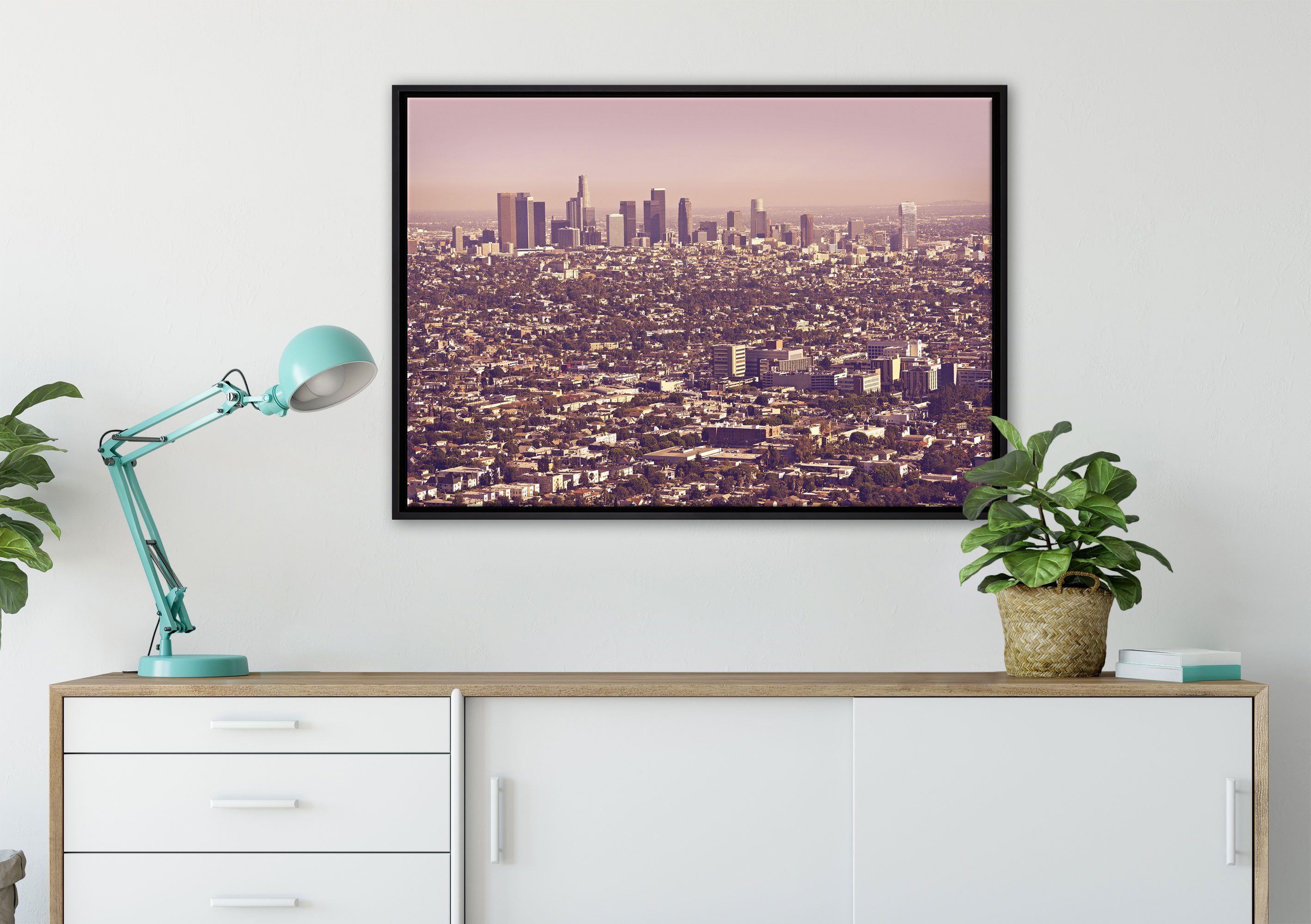 Angeles, fertig Leinwandbild in gefasst, Leinwandbild Schattenfugen-Bilderrahmen einem inkl. (1 von Zackenaufhänger Los Skyline St), Wanddekoration bespannt, Pixxprint