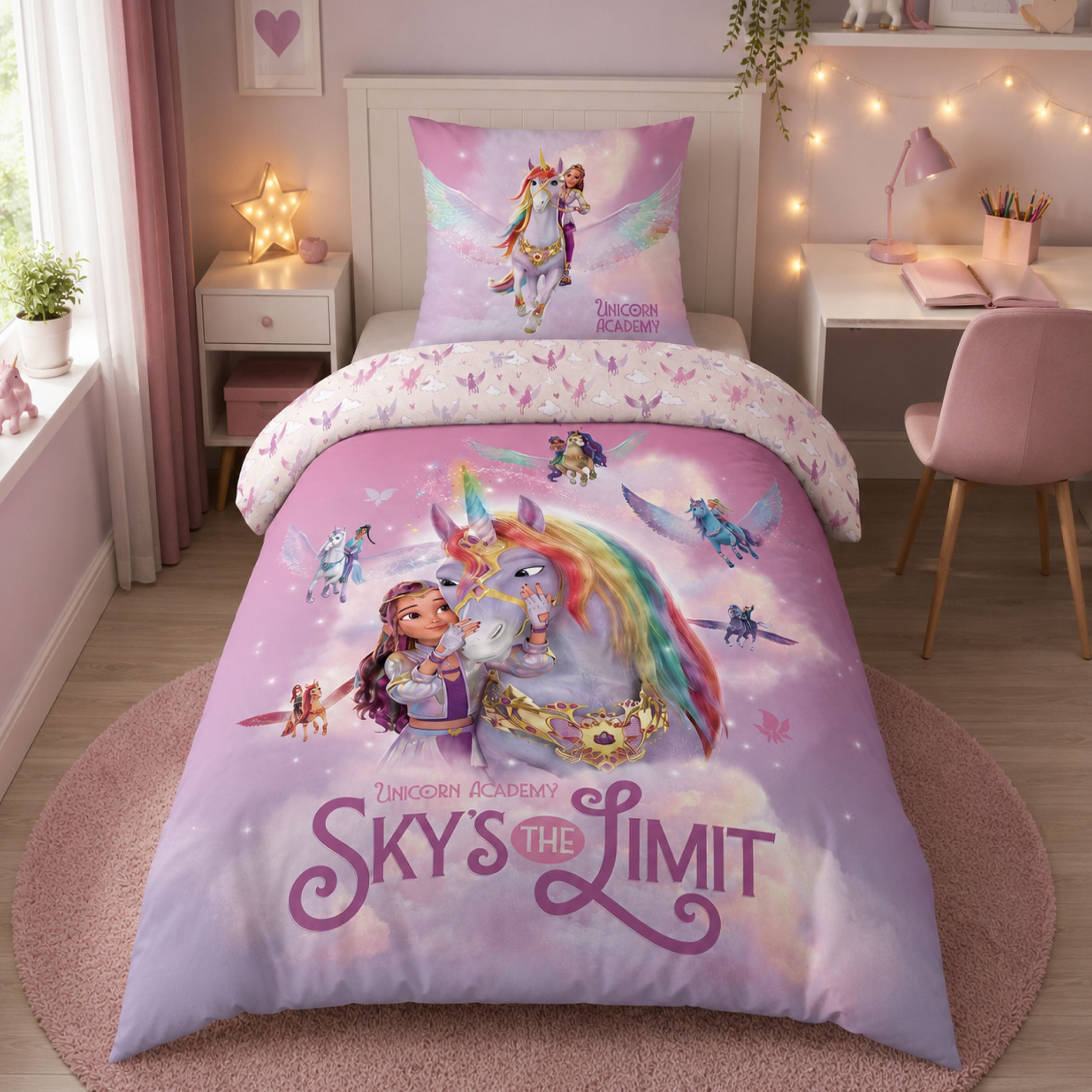 Familando Kinderbettwäsche Unicorn Academy; 100% Baumwolle; Rosa Violett mit Einhorn für Mädchen, Renforcé, 2 teilig, 135x200 80x80cm mit Reißverschluss; Wendebettwäsche