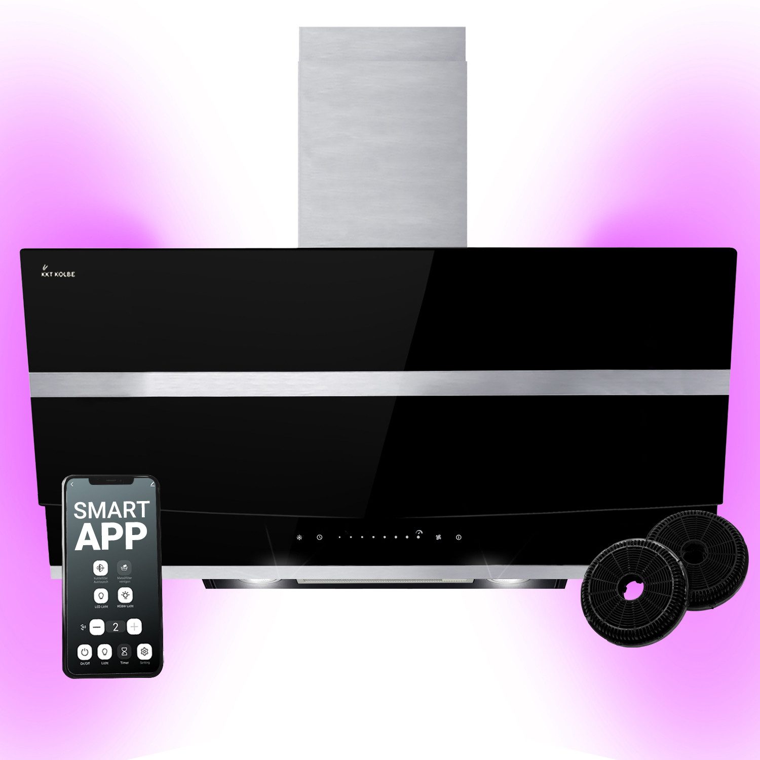 KKT KOLBE Wandhaube Dunstabzugshaube 90cm HERMES9005SM RGBW Ambientebeleuchtung Dunstabzugshaube 90cm HERMES9005SM RGBW Ambientebeleuchtung, Kopffrei / 90cm / Smarte WiFi-App / Edelstahl / Glas / Schräghaube