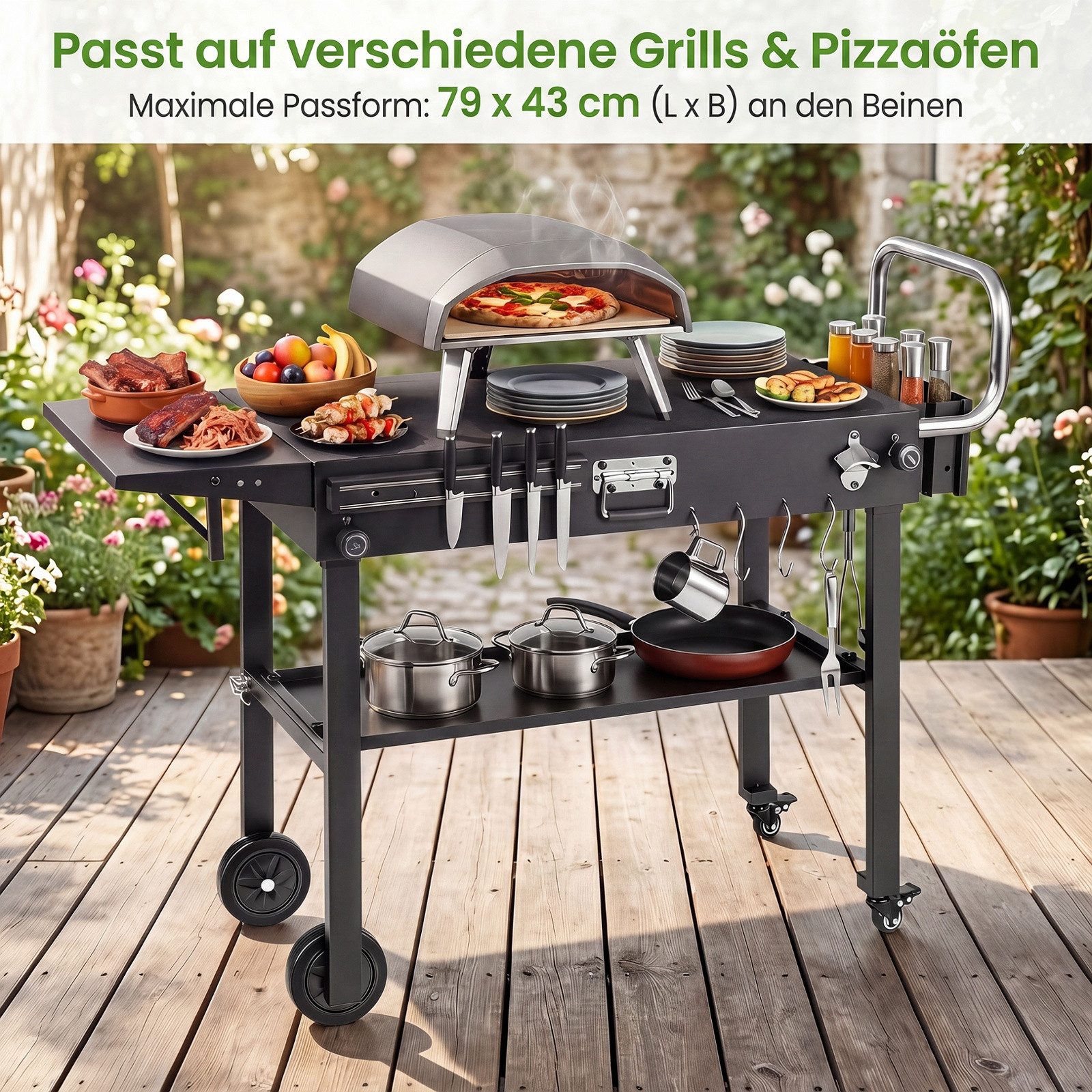 COSTWAY Grillablagetisch, Grillwagen mit klappbarer Tischplatte, seitlicher Ablage