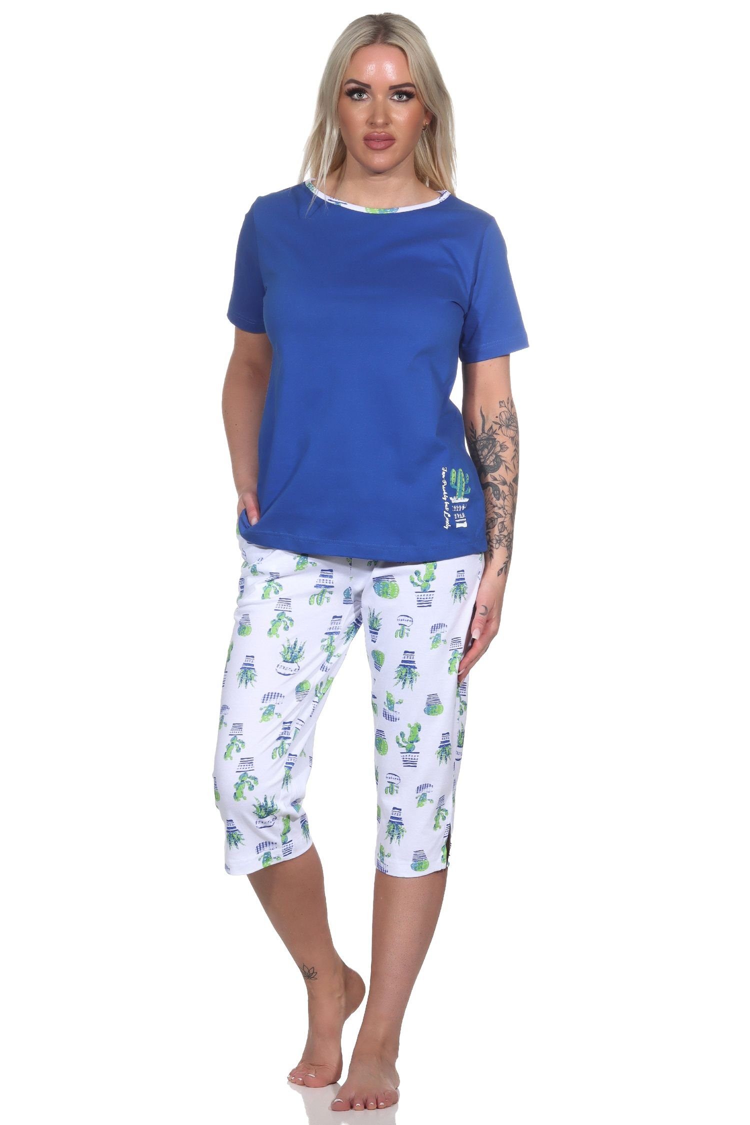 Normann Pyjama Damen Capri Kurzarm Schlafanzug mit Kaktus als Motiv blau