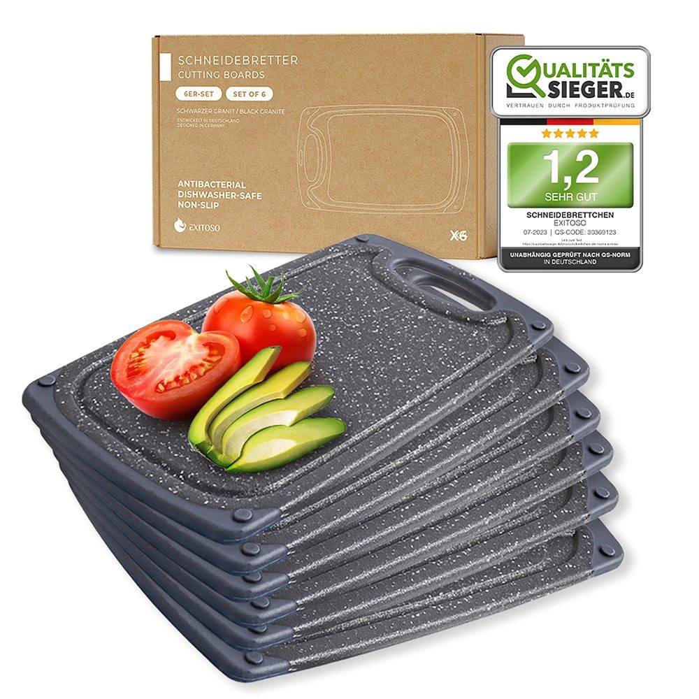 Exitoso Schneidebrett 6er-Set spülmaschinenfest mit Saftrille, Kunststoff, (6-St), Brotzeitbrett Frühstücksbrettchen Brot Obst Steak rutschfest