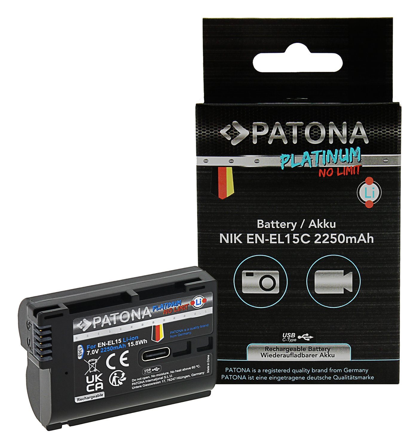 Patona Akku mit USB-C Eingang für die Nikon Z5 Z6 II Z7 II D800 u.a, kompati Kamera-Akku EN-EL15c 2250 mAh, Akku mit USB-C Ladebuchse (Kabel inkl)