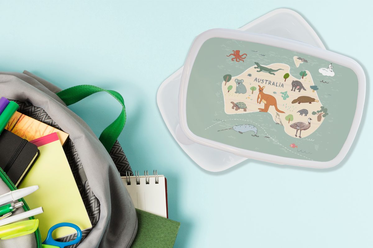 Jungs für Tiere - Kinder und Brotdose, Brotbox Weltkarte Kinder - (2-tlg), - Kunststoff, Blau Mädchen - und Kinder, MuchoWow Erwachsene, - für Australien Lunchbox weiß